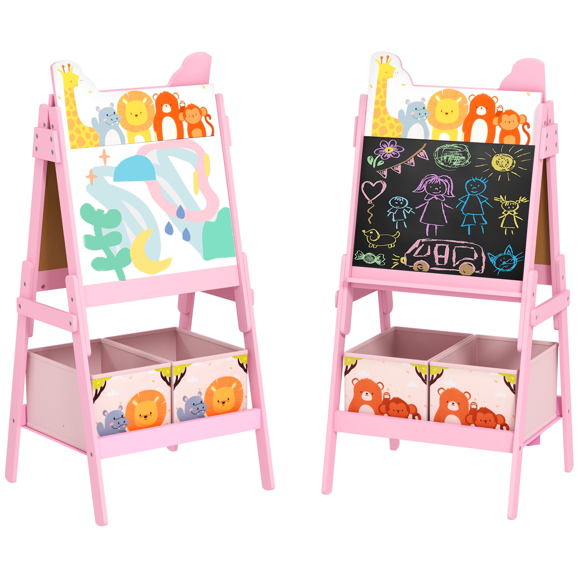 AIYAPLAY 2 in 1 Kids Easel with Whiteboard, Chalkboard, Storage Boxes, for 3-8 Years, Pink - North Peak Garden Furniture