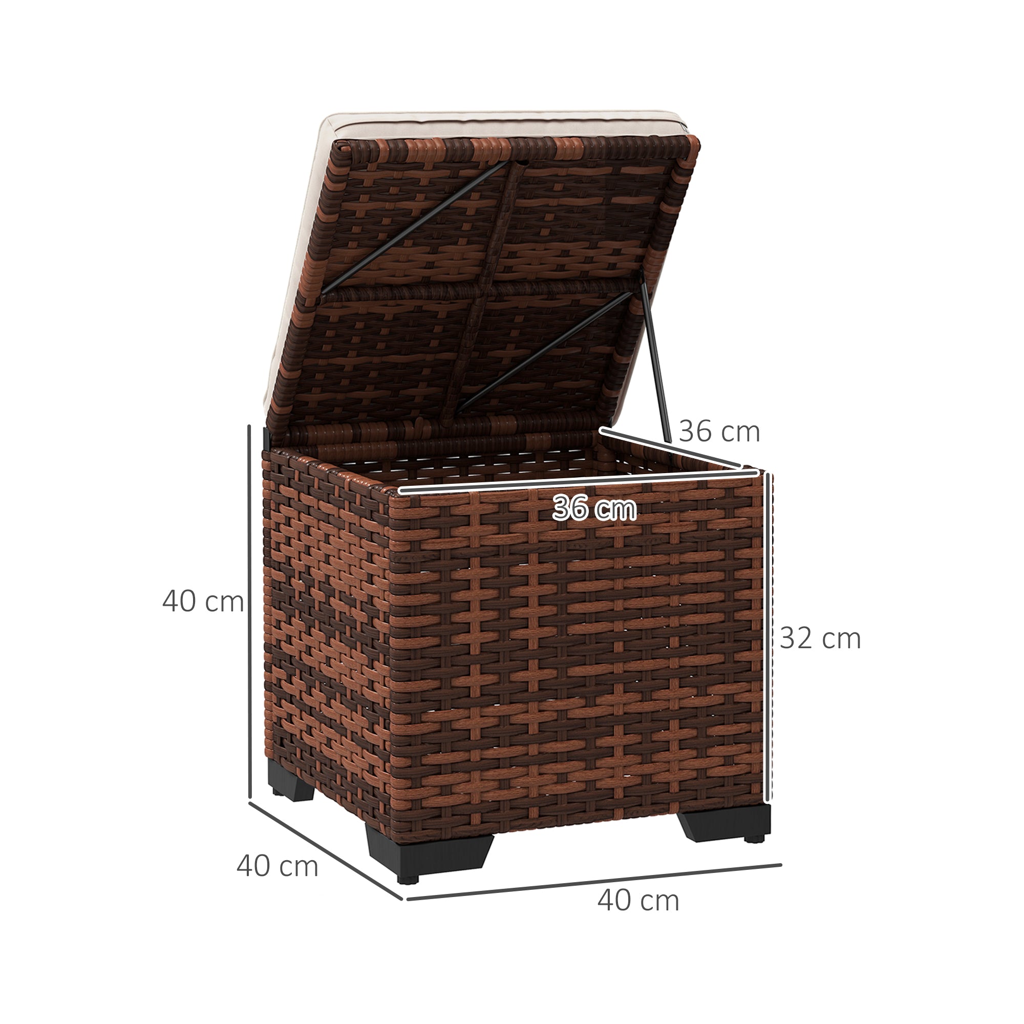 Outsunny Set of 2 Rattan Storage Ottoman, Outdoor Footstool with Removable Cushions, Garden Storage Seat for Balcony, Poolside, Living Room, Beige - North Peak Garden Furniture