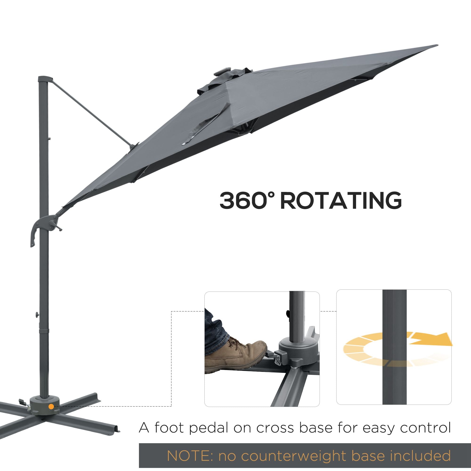 Outsunny 3(m) Cantilever Roma Parasol Patio Sun Umbrella with Crank & Tilt LED Solar Light Cross Base 360° Rotating Outdoor, Dark Grey