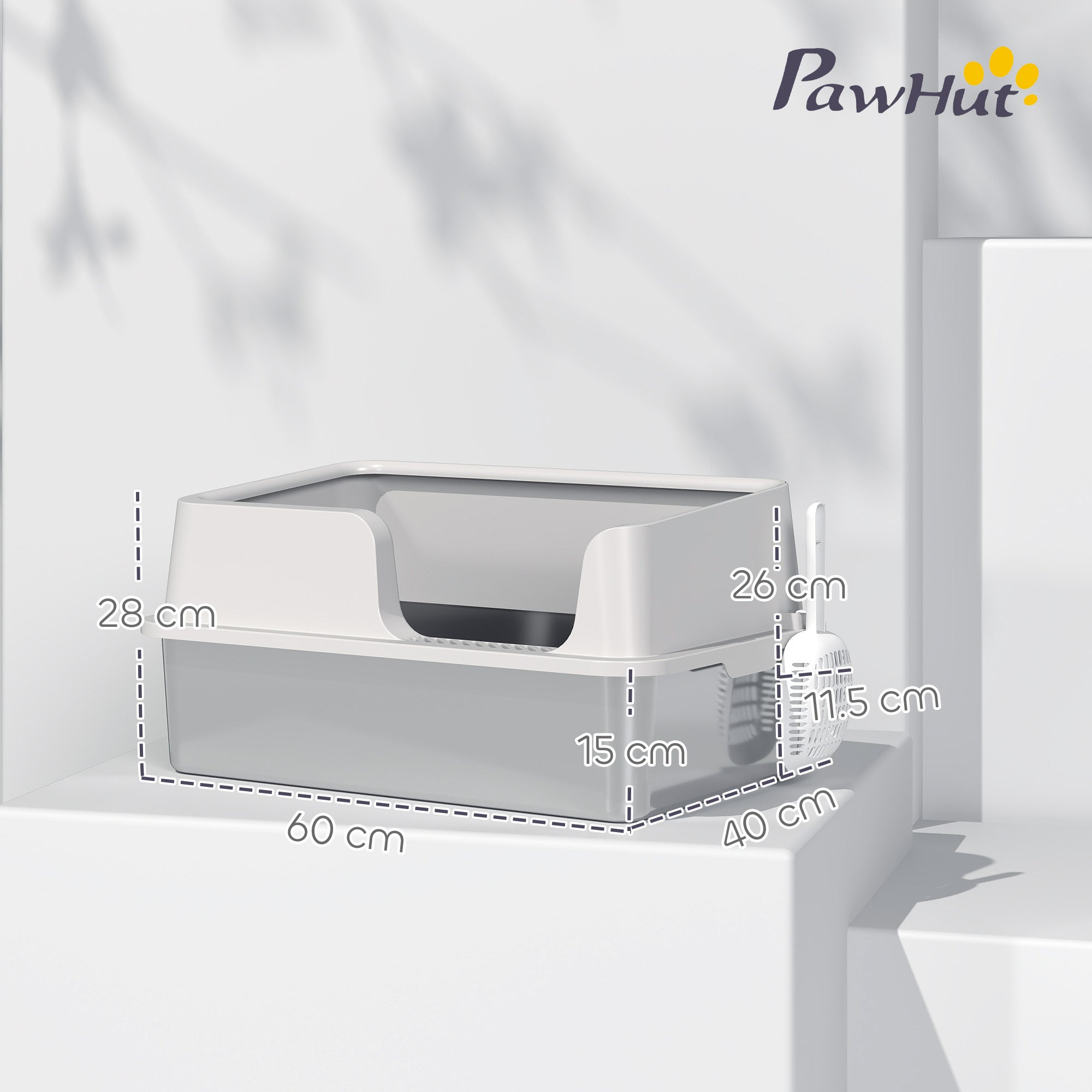 PawHut Stainless Steel Litter Box with Detachable Rim, Scoop, Easy Cleaning, Odour-Resistant, 60 x 40 x 28 cm - North Peak Garden Furniture
