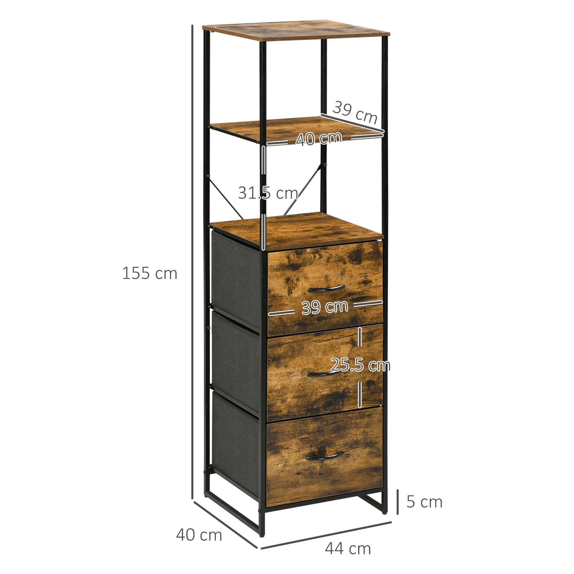 HOMCOM Industrial Storage Cabinet with 2 Open Shelves and 3 Foldable Fabric Drawers, Multifunctional Bookshelf in Living Room, Study, Bedroom, Rustic Brown - North Peak Garden Furniture
