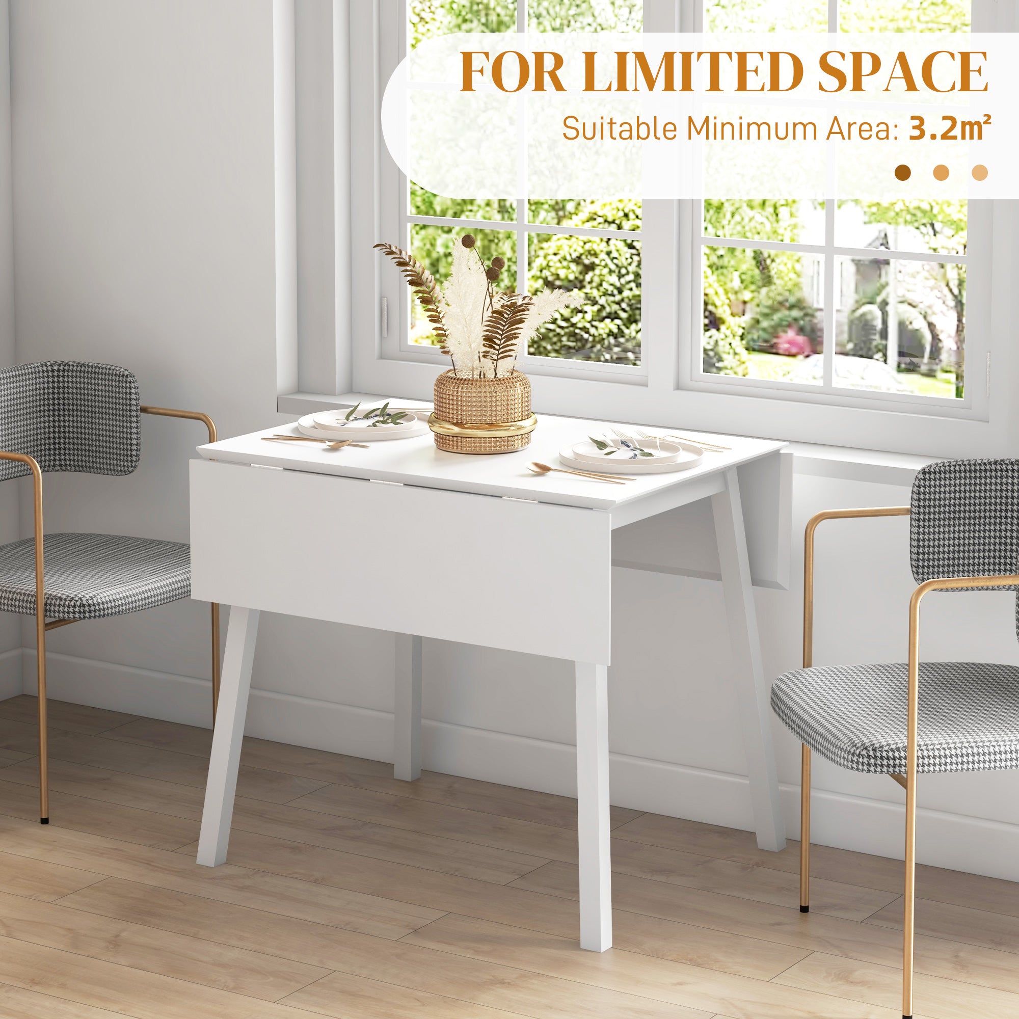 HOMCOM Solid Wood Folding Dining Table, Drop Leaf Table for 2-4 People, Rectangle Kitchen Table for Small Space, White - North Peak Garden Furniture