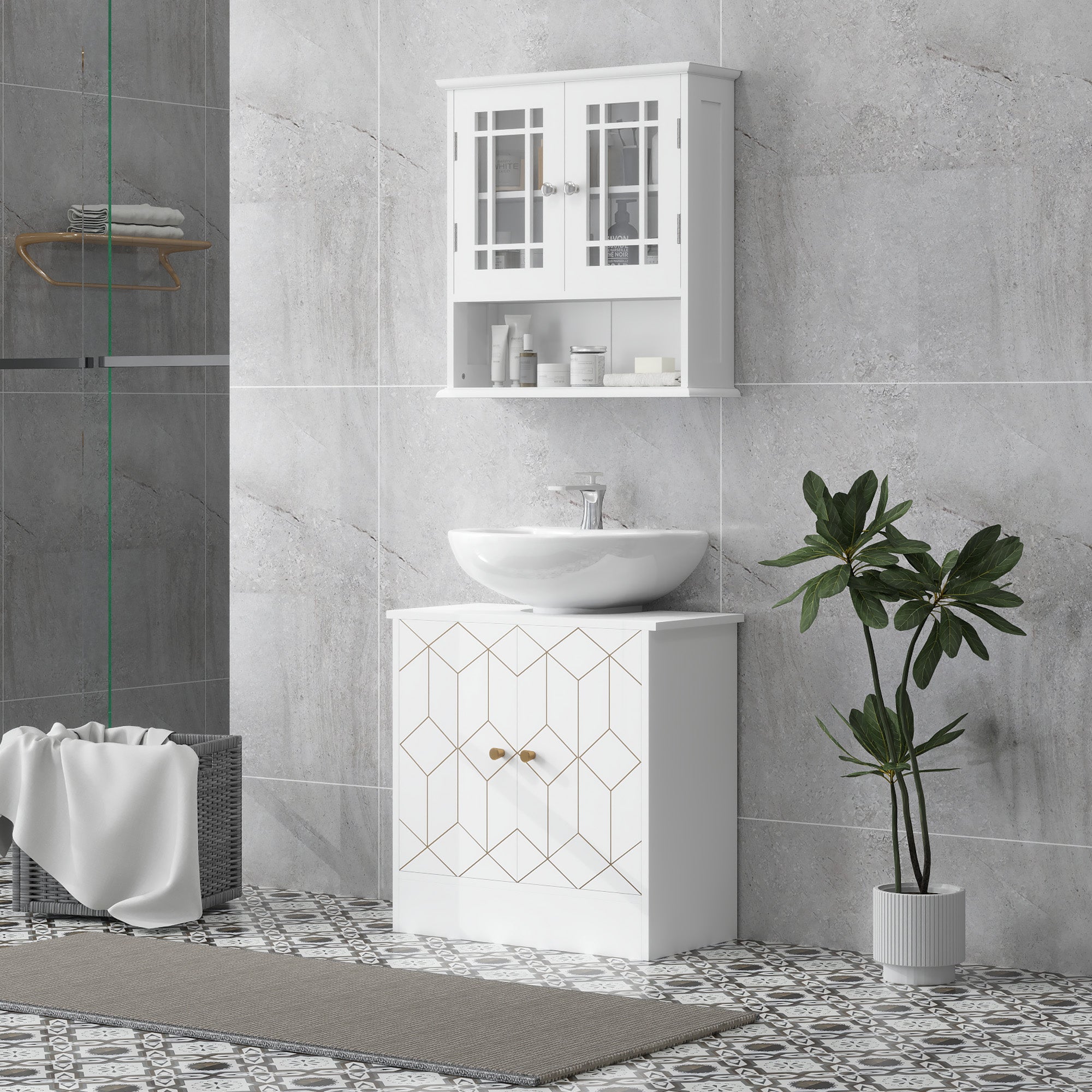 HOMCOM Under Sink Bathroom Cabinet, Under Sink Cabinet with Adjustable Shelf and Open Compartment for Basin with or without Pedestal, 60 x 30 x 60cm, White - North Peak Garden Furniture