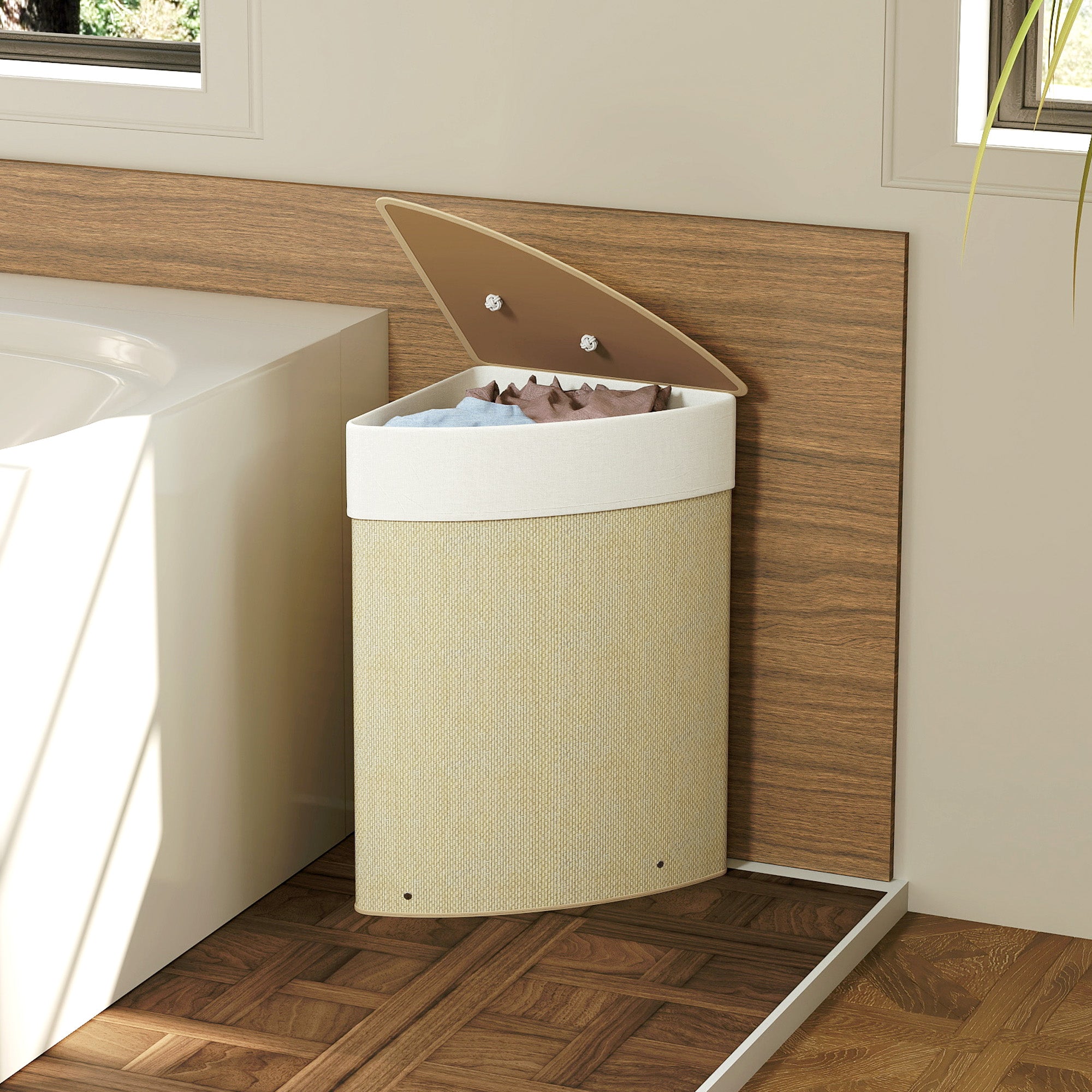 HOMCOM Bamboo Laundry Basket with Lid, 55L Corner Laundry Hamper with Removable Washable Liner Bag, Bathroom Triangle Washing Basket, 35 x 35 x 60 cm, Nature Wood Finish - North Peak Garden Furniture