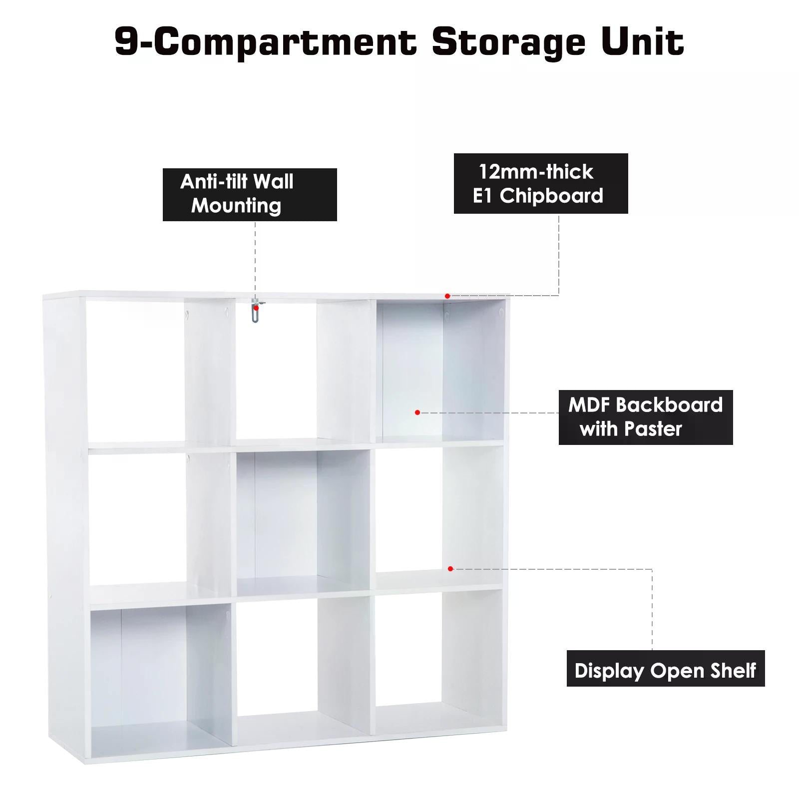 HOMCOM Wooden 9 Cube Storage Cabinet Unit 3 Tier Bookcase Shelves Organiser Rack Display  - White