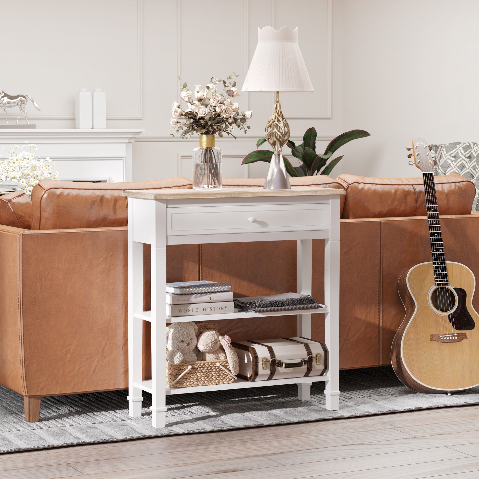 HOMCOM Console Table Hallway Side Desk 1 Drawer 2 Shelves Worktop Handle Retro Elegant Style Home Display Storage for Bedroom Livingroom - North Peak Garden Furniture