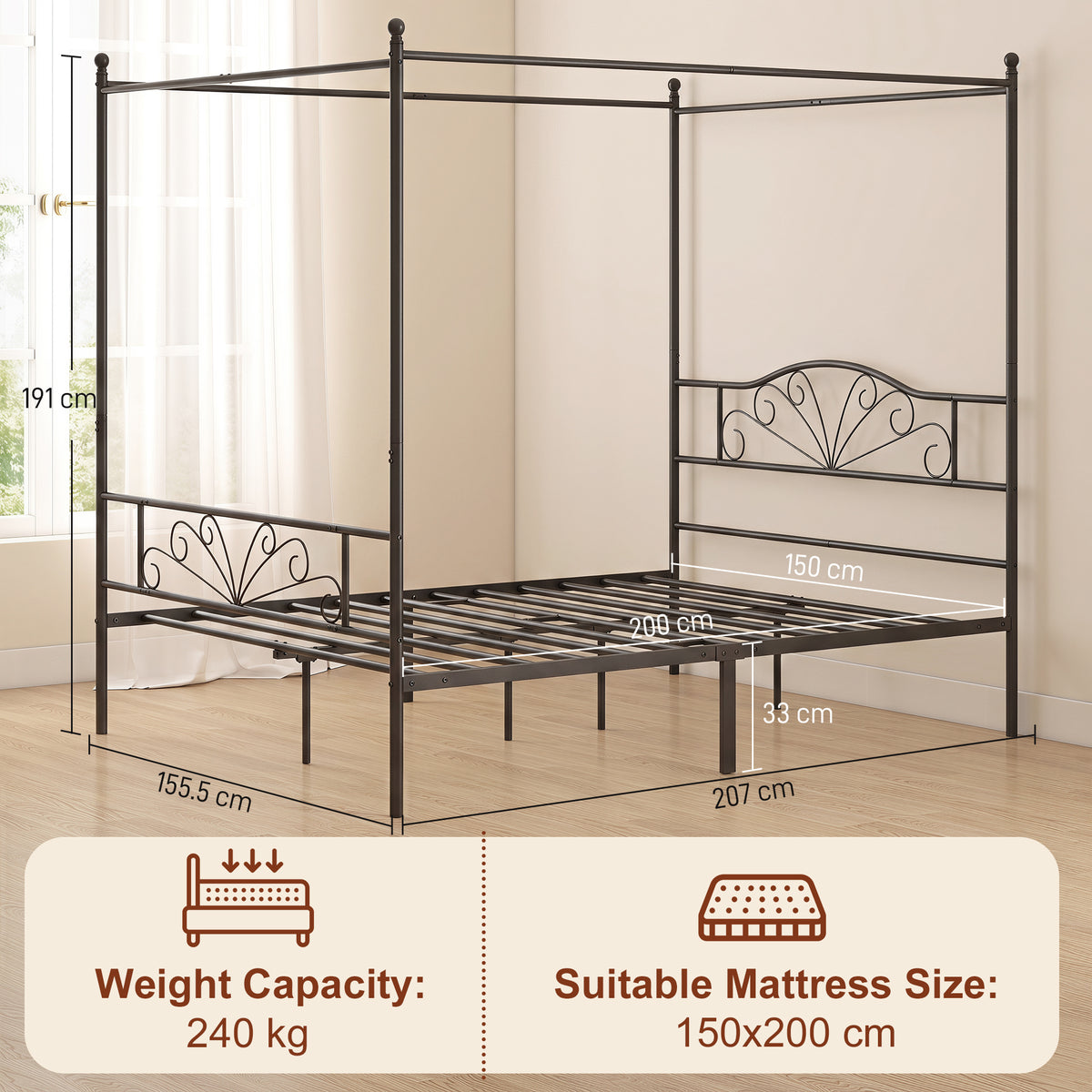 HOMCOM Canopy Bed Frame King Size, Metal Platform Bed Frame with Headboard and Footboard, Underbed Storage, Black