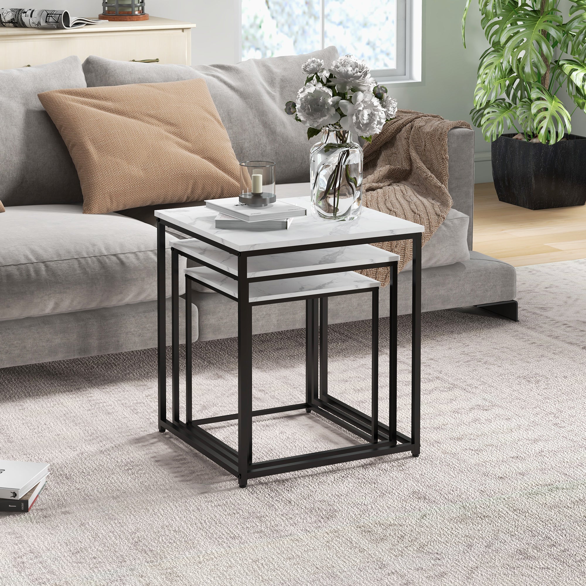 HOMCOM Three Nest of Tables, Marble Effect Finish - North Peak Garden Furniture