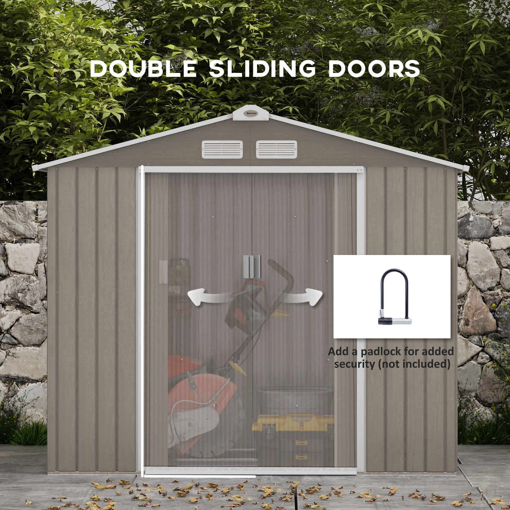Outsunny 7 x 4ft Metal Garden Storage Shed with Vents, Floor Foundation Kit and Lockable Double Doors, Light Brown - North Peak Garden Furniture