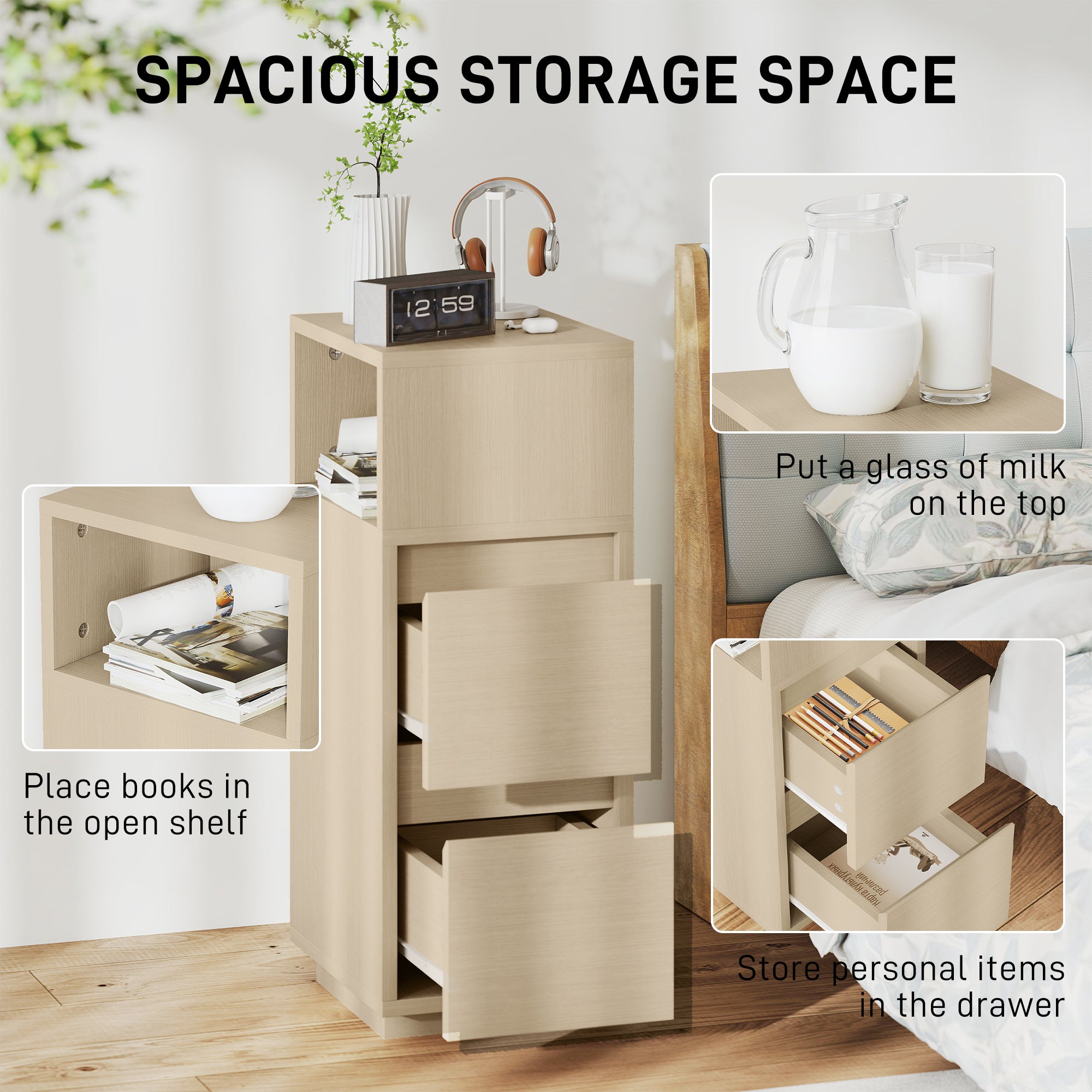 HOMCOM Slim Bedside Table, Narrow Bedside Cabinet with Open Shelf and 2 Drawers for Bedroom, Living Room, Natural Wood Finish