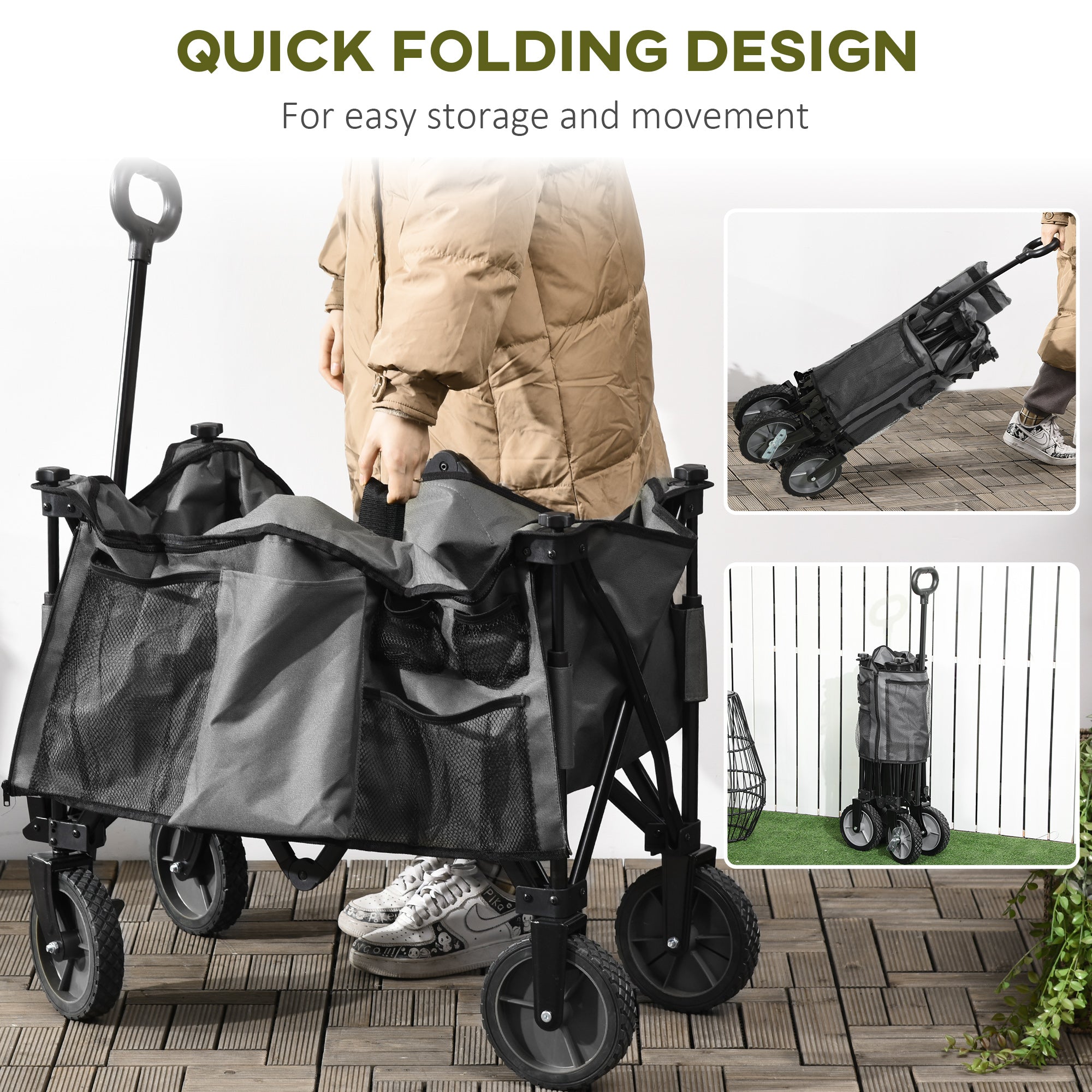 Outsunny Garden Trolley, Cargo Traile on Wheels, Folding Collapsible Camping Trolley, Outdoor Utility Wagon, Dark Grey