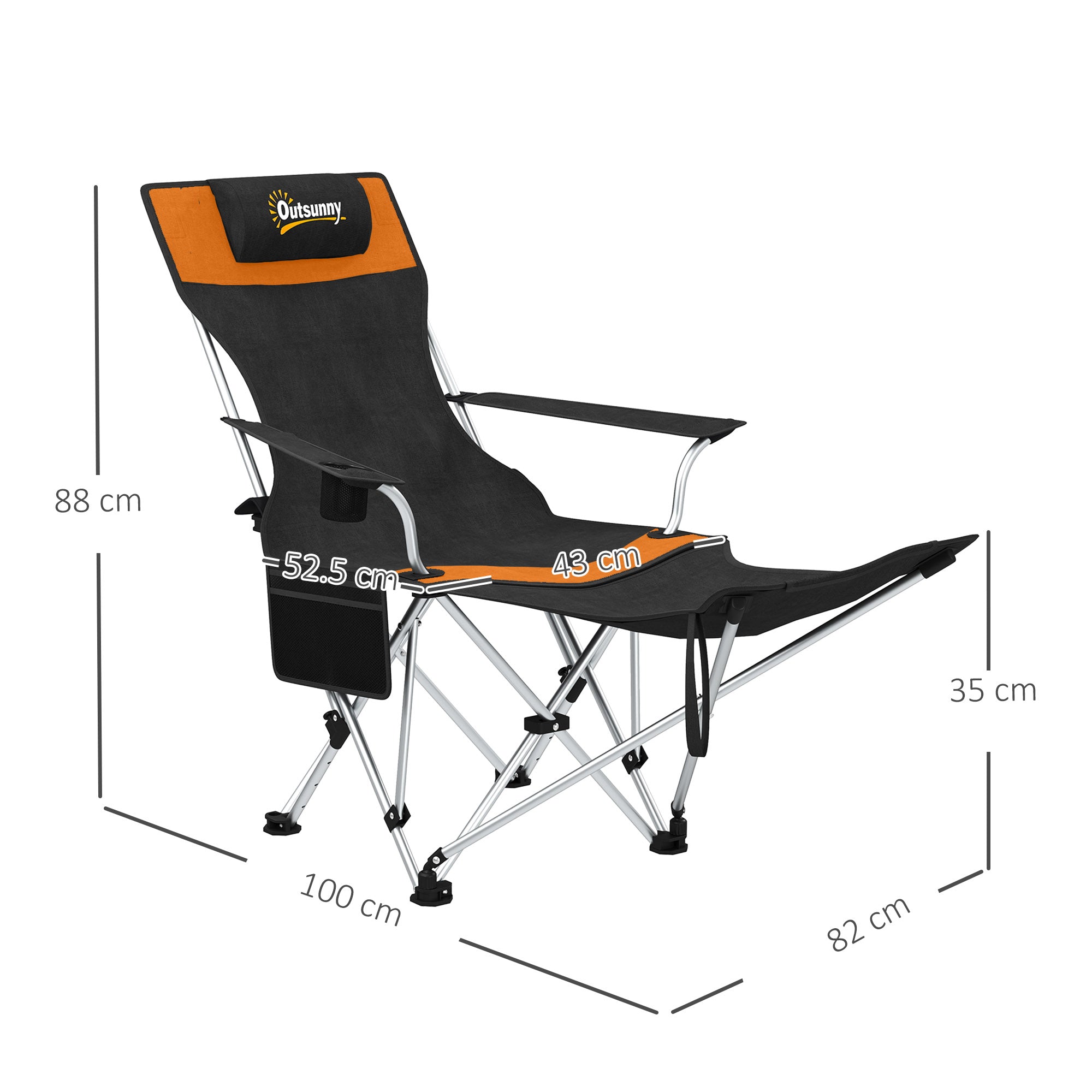 Outsunny Set of 2 Reclining Folding Camping Chair w/ Detachable Footrest, Storage Bag, Cup Holder & Headrest, Lightweight Portable Camp Chair for Beach, Picnic, Orange and Black - North Peak Garden Furniture