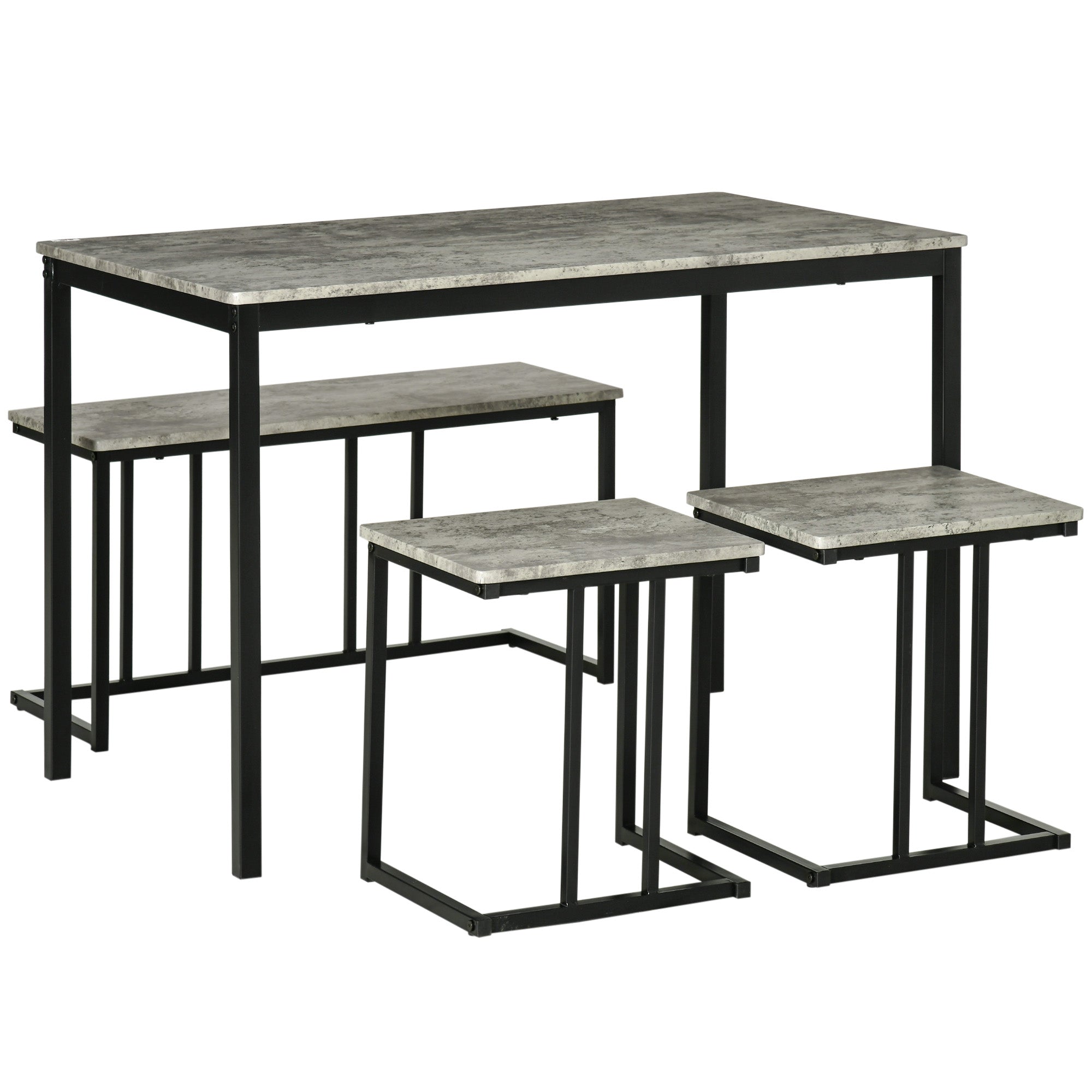 HOMCOM Dining Table and Chairs Set for 4 People, Concrete Effect Kitchen Table and Bench Set with Steel Frame, 4 Piece Dining Room Sets, Grey - North Peak Garden Furniture