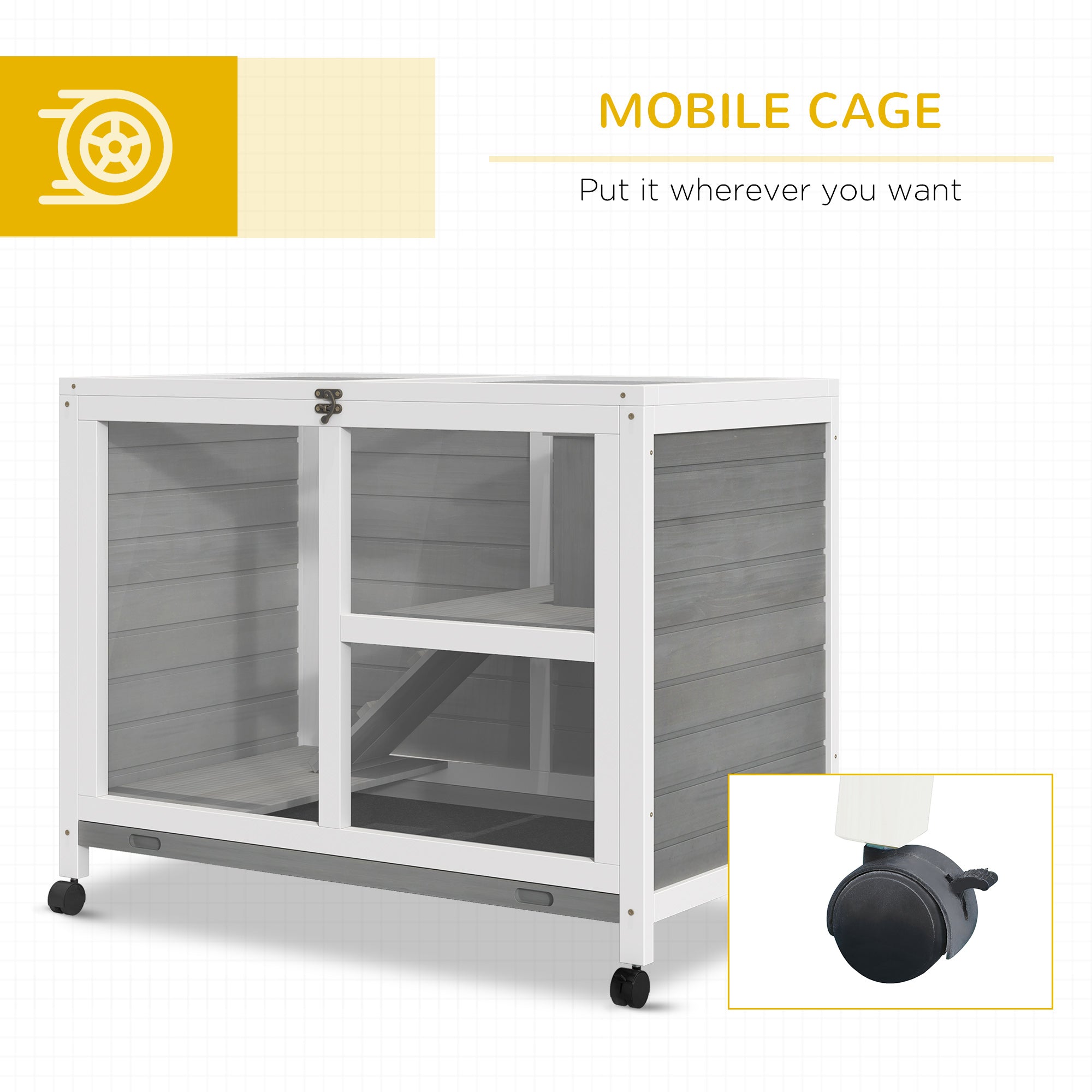 PawHut Wooden Rabbit Hutch Indoor with Wheels, Openable Roof, 91.5 x 53.3 x 73 cm, Grey - North Peak Garden Furniture
