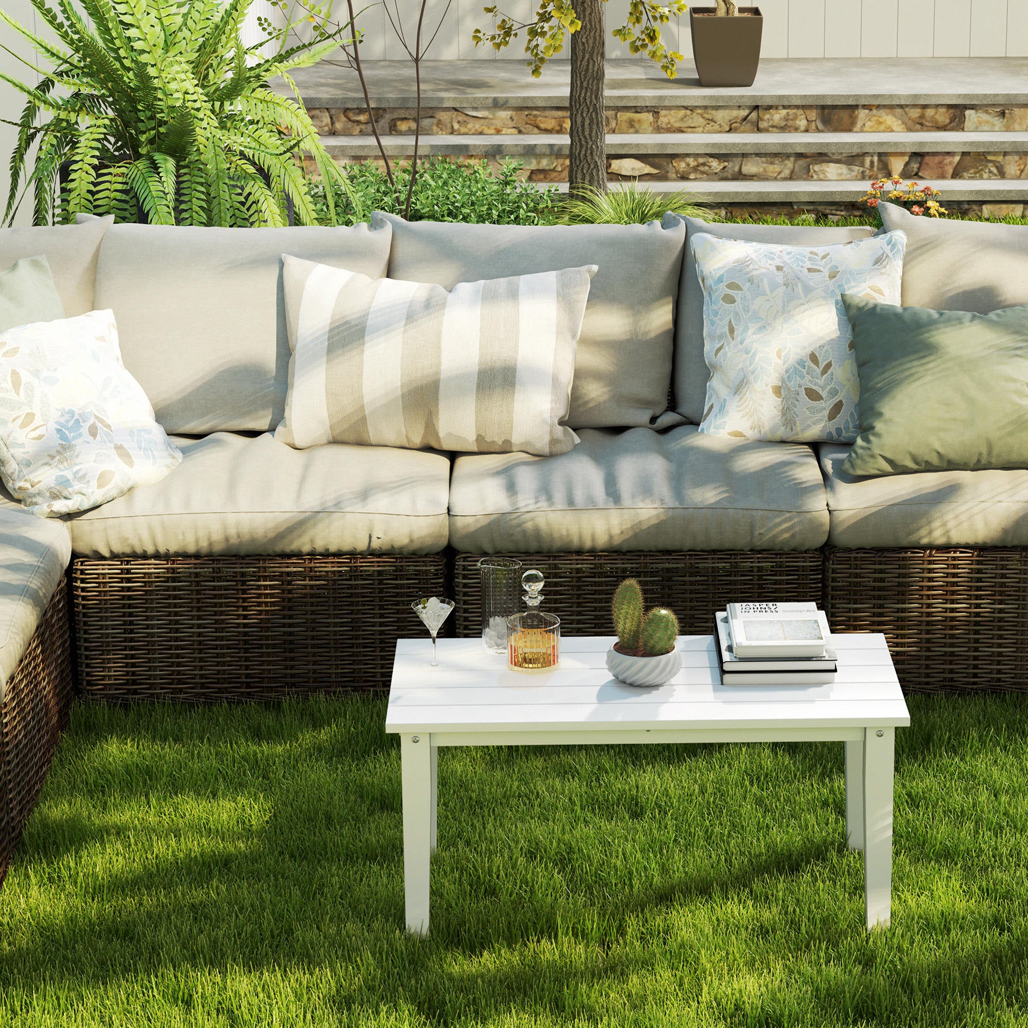 Outsunny Outdoor Garden Coffee Table, HDPE All-Weather Garden Table, Rectangular Outdoor Table with Slatted Tabletop for Patio, Balcony, 91 x 44 x 42 cm, White - North Peak Garden Furniture