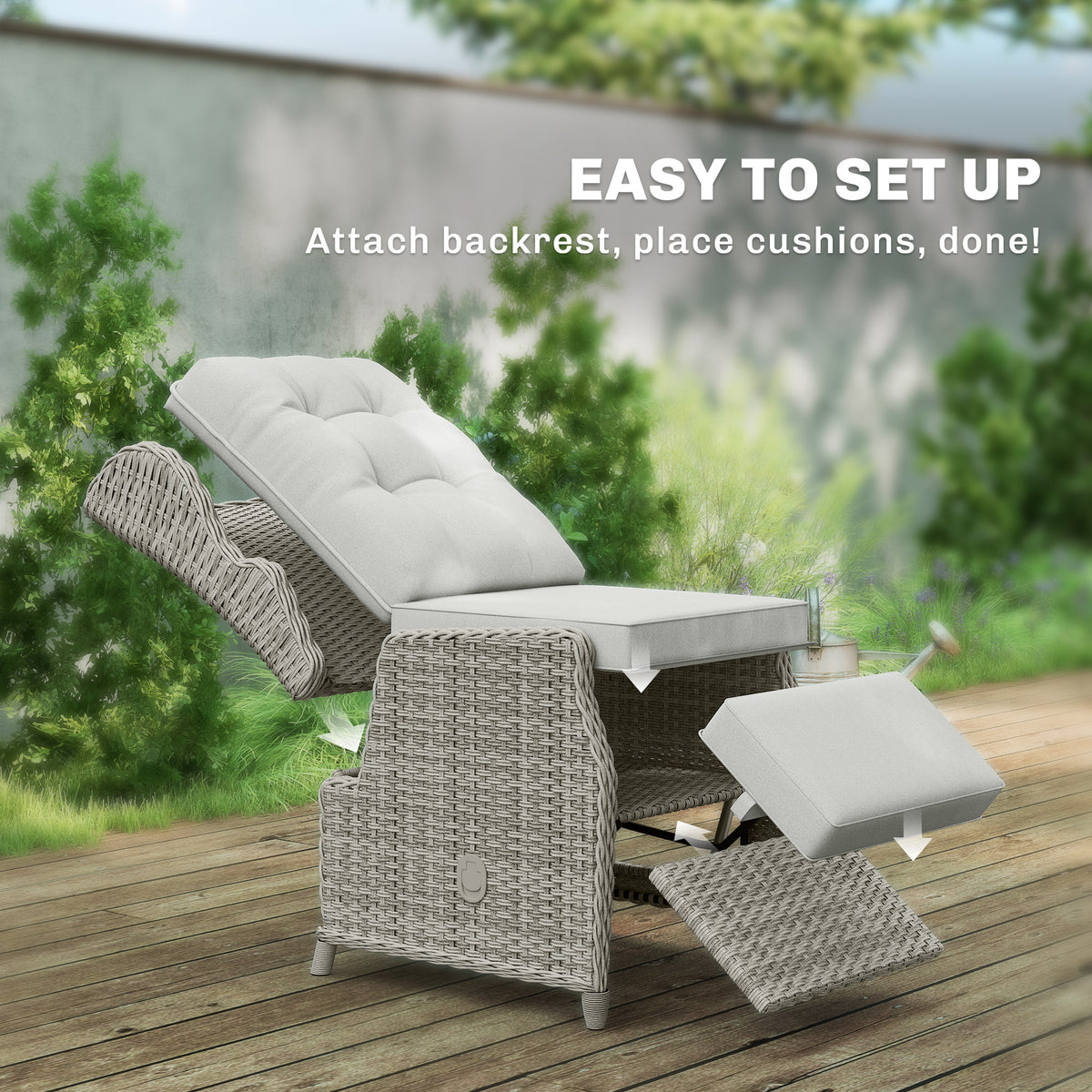 Outsunny Rattan Garden Recliner Chair, Reclining Garden Chair with Adjustable Back and Footrest, Flip Table, Cushion, Light Grey