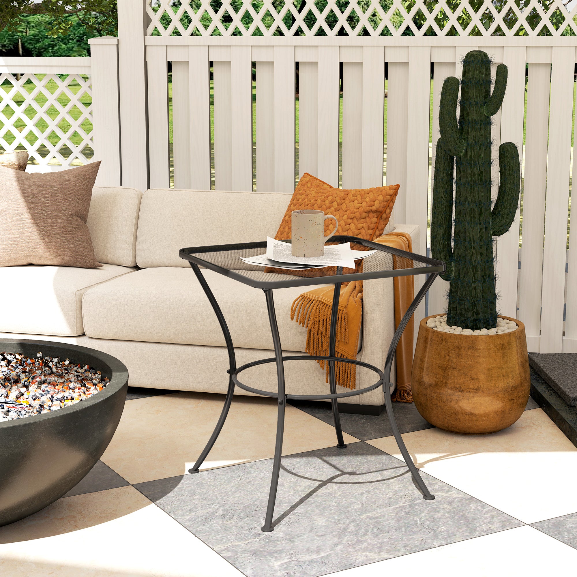 Outsunny 60cm Square Garden Table, Outdoor Metal Bistro Side Desk with Mesh Top, Black - North Peak Garden Furniture