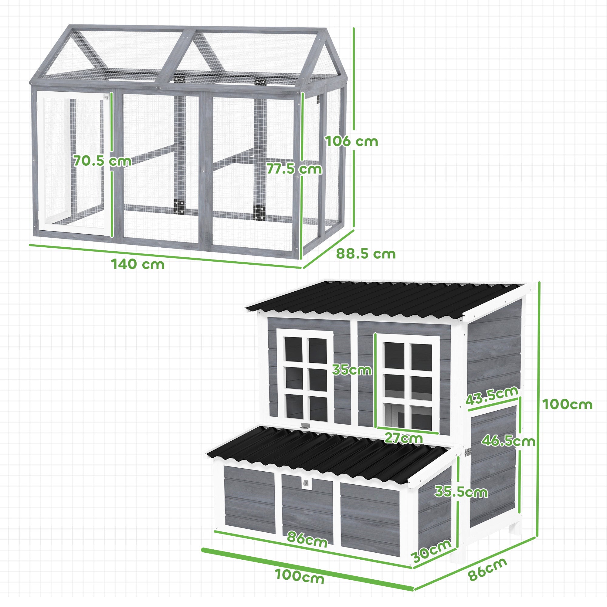 PawHut 2-Piece Wooden Chicken Coop and Run Set, Poultry Run Cage with Nesting Box, Slide-Out Tray, Roof, Perch - North Peak Garden Furniture