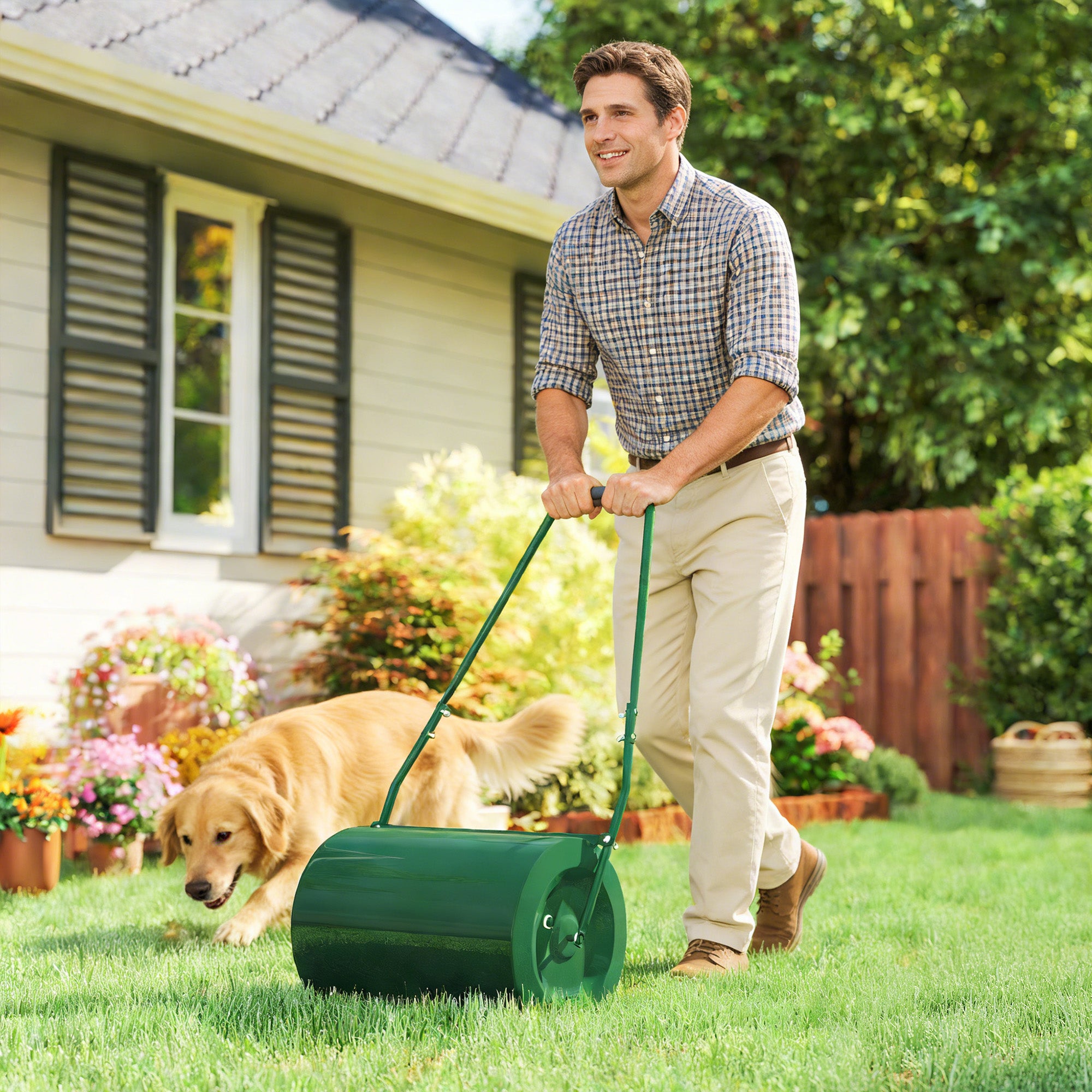 Outsunny 63 L Heavy Duty Water Or Sand Filled Φ30cm Garden Steel Lawn Roller Drum - Dark Green