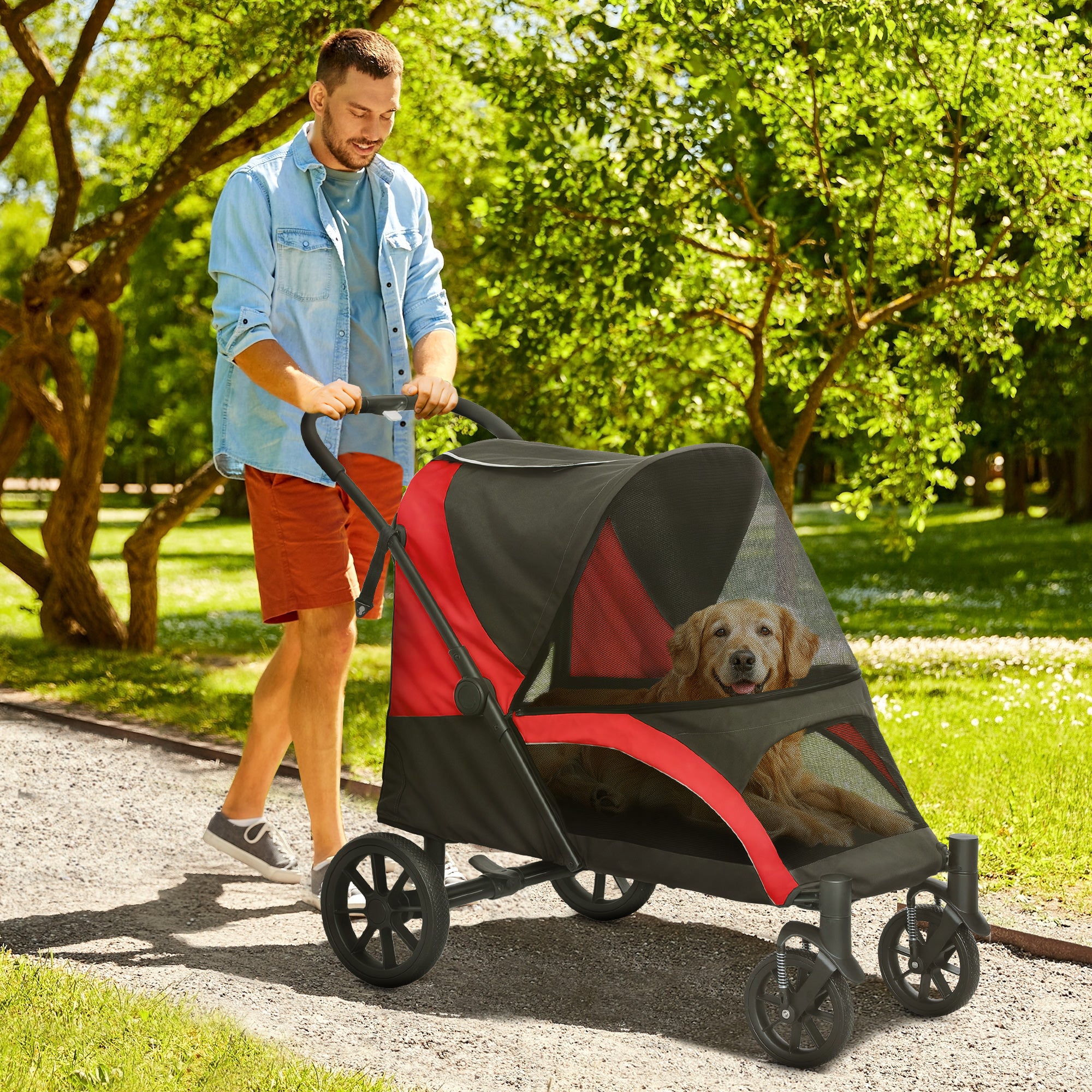 PawHut Foldable Pet Stroller for Large Dogs with Four Big Wheels, Shock-Absorbing Frame, Safety Leashes, Brakes, Red/Black