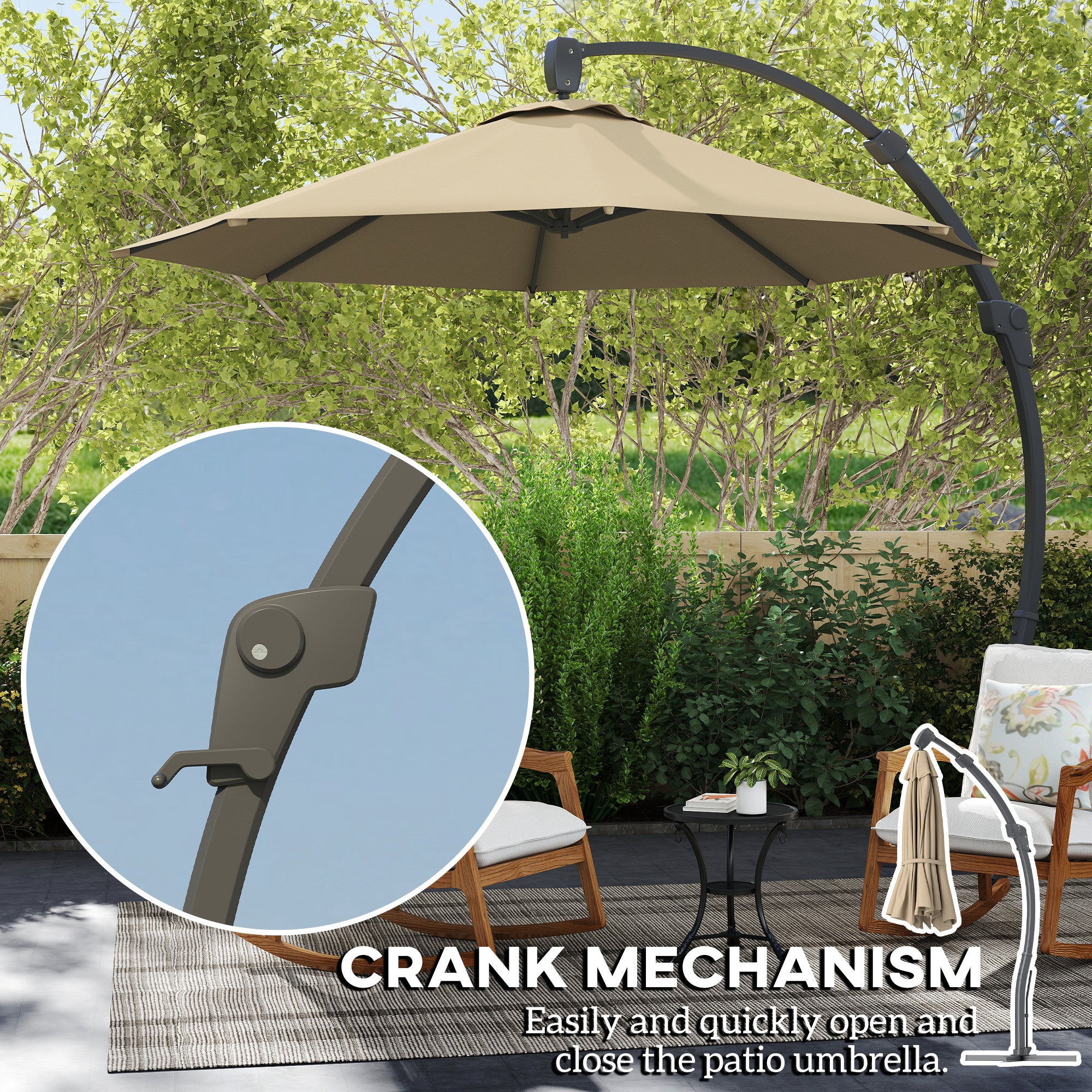 Outsunny 3(m) Garden Cantilever Parasol, Round Overhanging Umbrella with Crank Handle, Cross Base, Aluminium Frame and 360° Rotation, Banana Patio Umbrella for Outdoor Sun Shade, Khaki - North Peak Garden Furniture
