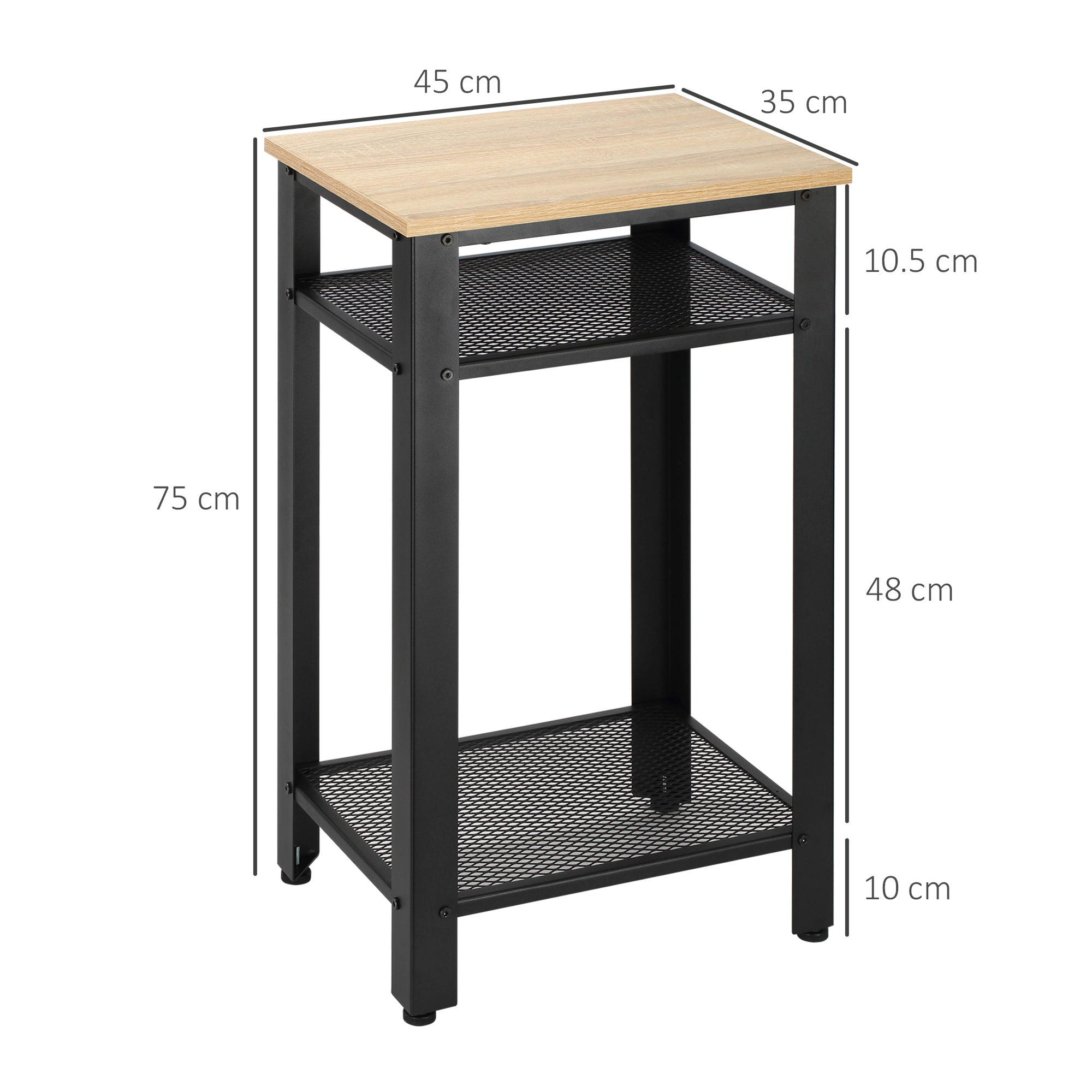 HOMCOM Tall Side Table Set of 2 with 3 Layer, 2 Shelves Storage Display Industrial-Style, Metal Frame, Bedside End Table for Living Room Bedroom, Oak and Black