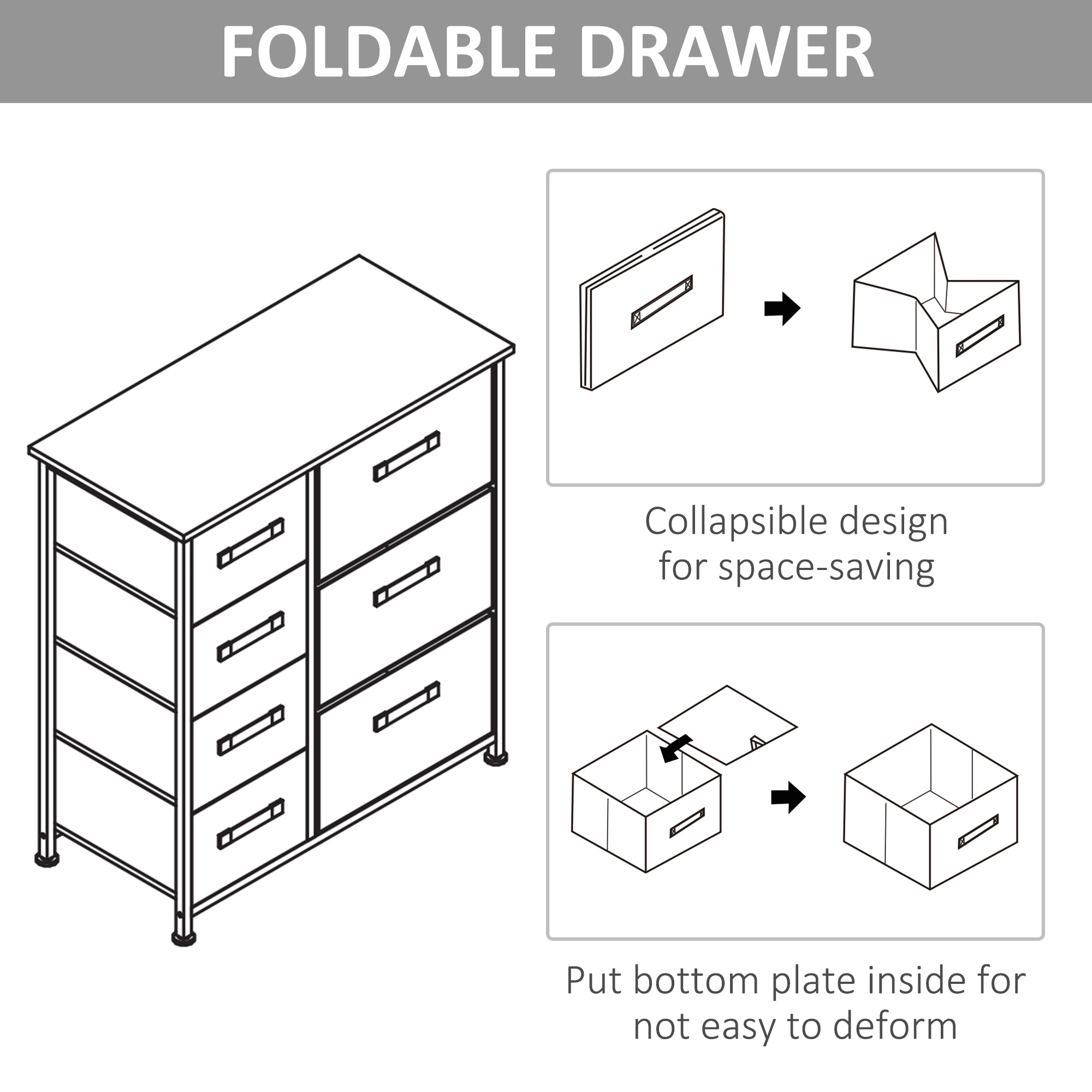 HOMCOM Vertical 7 Linen Drawers Cabinet Organizer Storage Dresser Tower with Metal Frame Adjustable Feet for Living Room, Bathroom, Kitchen, White, Oak and Light Grey - North Peak Garden Furniture