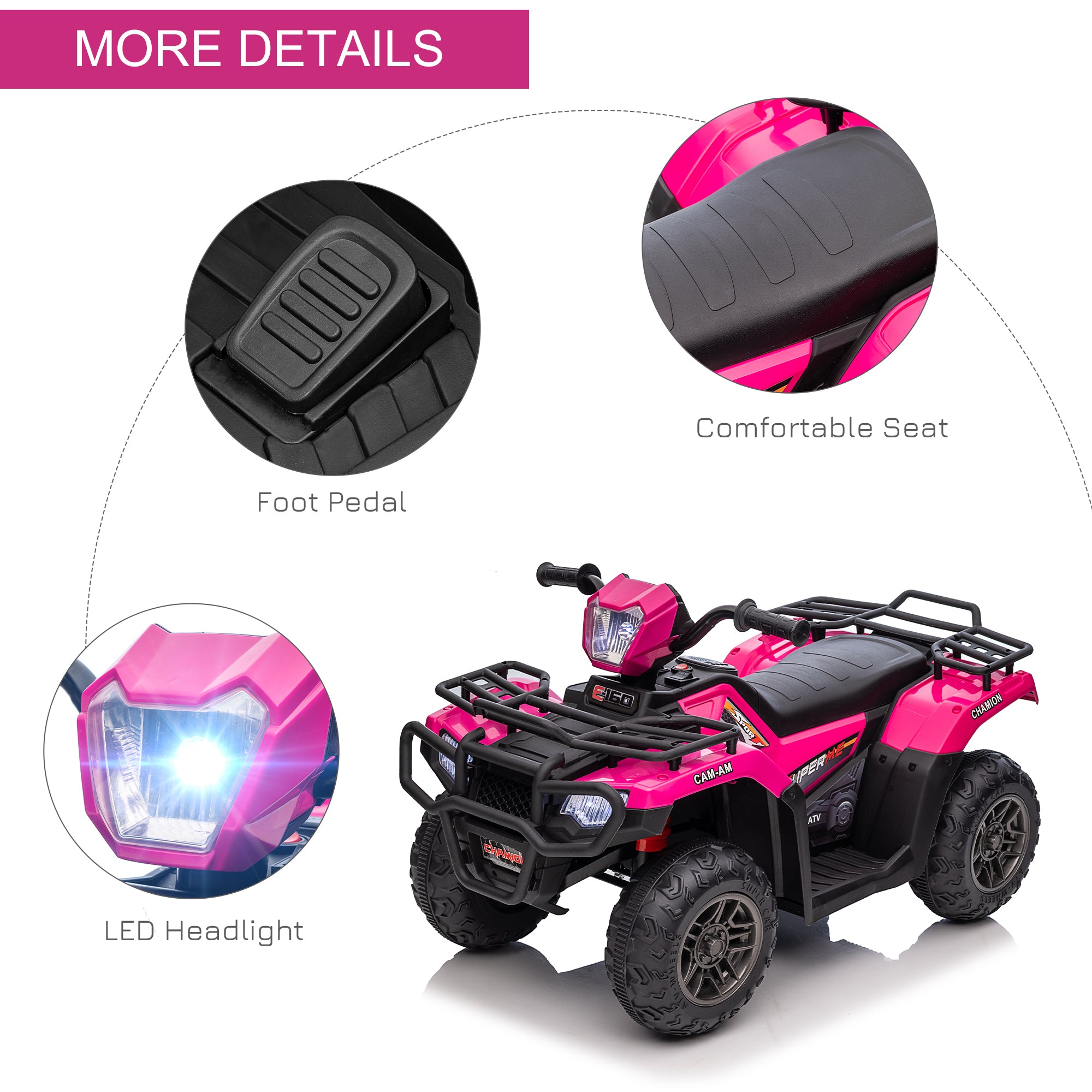 HOMCOM 12V Kids Quad Bike with Forward, Reverse Functions, Ride-On ATV w/ Music, LED, Headlights, for Ages 3-5 Years - Pink - North Peak Garden Furniture