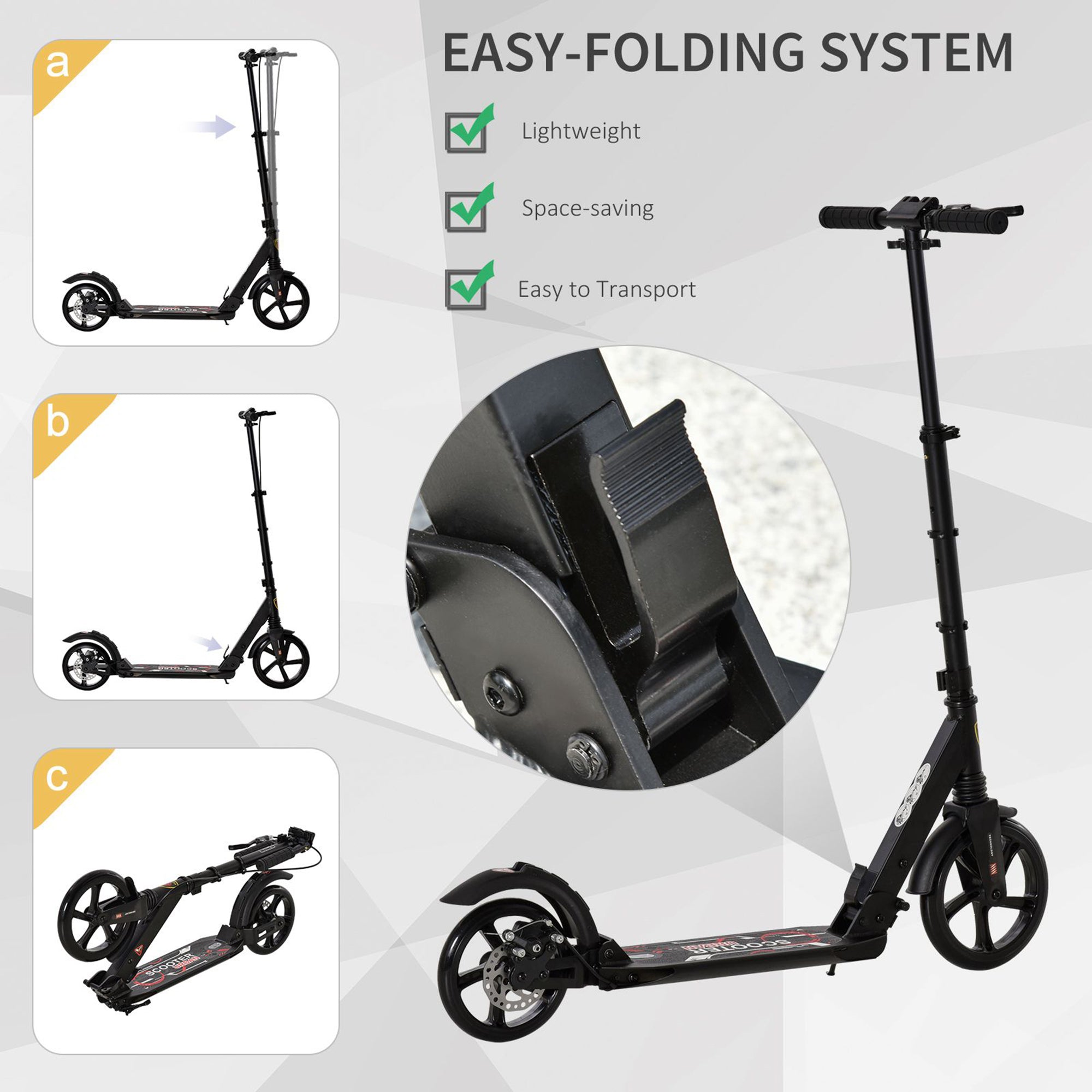 HOMCOM Kick Scooter, Folding 2 Wheel Scooter for 14+ Teens Adults, with Dual Brake System, Dual Suspension, 230mm Big Wheels, 3 Adjustable Handlebar, up to 100KG, Black - North Peak Garden Furniture