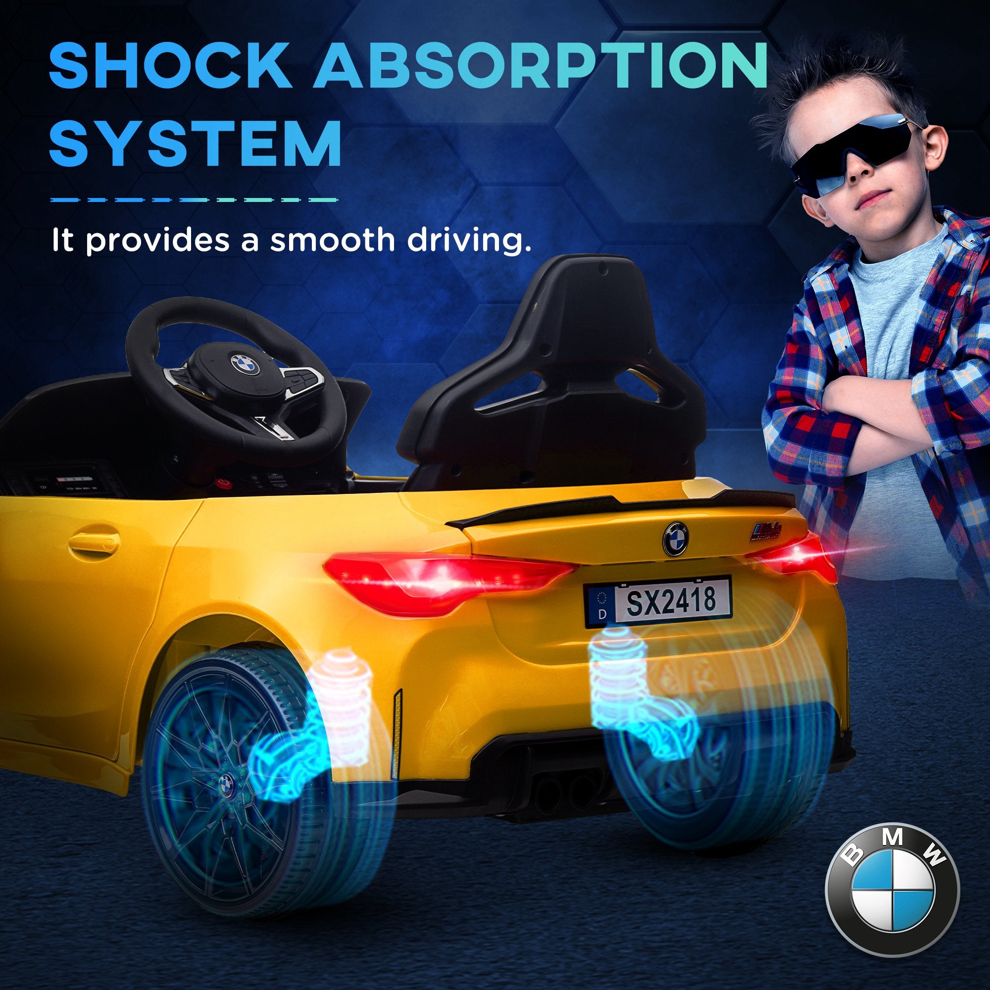 AIYAPLAY 12V BMW M4 Licensed Kids Car with Easy Transport, Remote Control, Suspension, Music, Horn, LED Lights, Yellow - North Peak Garden Furniture