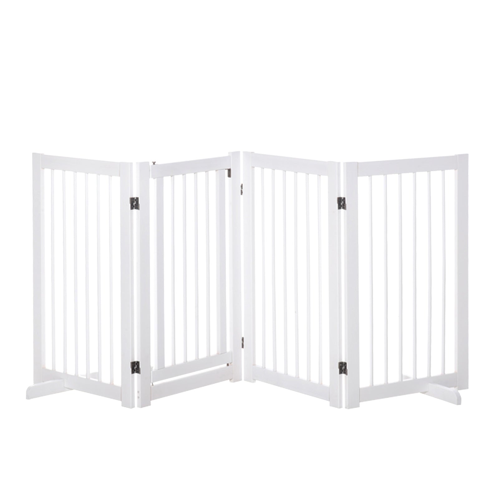 PawHut Freestanding Pet Gate 4 Panels Wooden Dog Safety Fence Foldable with Support Feet for Doorway Stairs 91cm Tall White - North Peak Garden Furniture