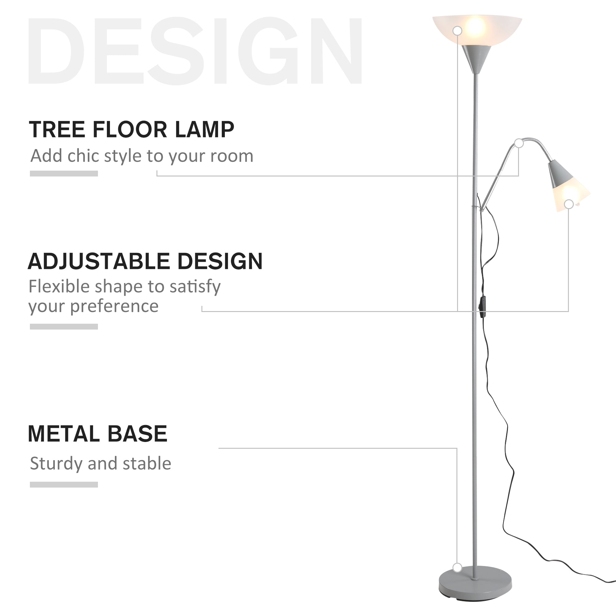 HOMCOM Modern Floor Lamp, Uplighter 2-Light Reading Lamp with Adjustable Heads, Tall Standing Lamp for Living Room, Bedroom, Office