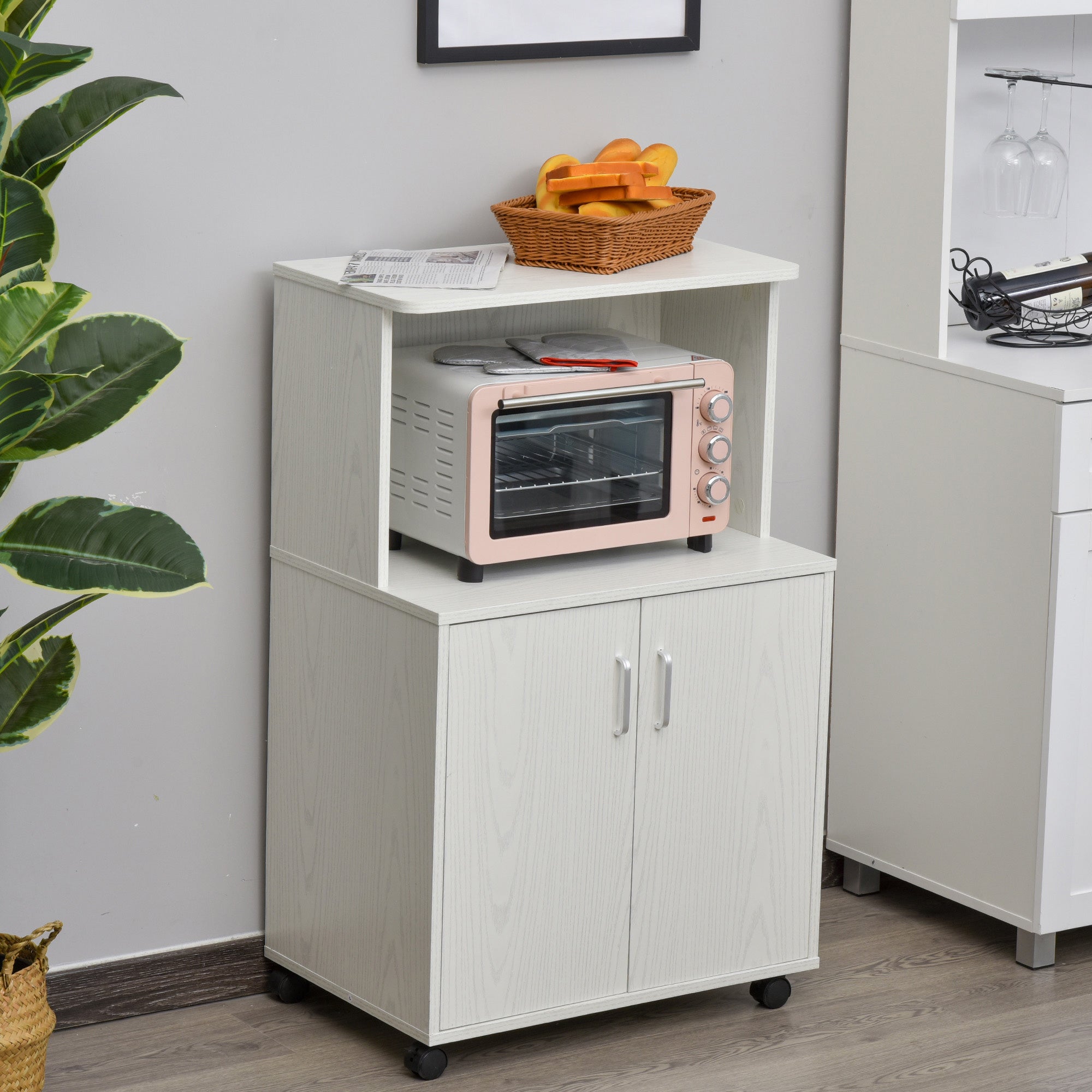 HOMCOM Kitchen Storage Unit, Modern Microwave Stand Trolley Cart, Sideboard with Cabinet, Locking Wheels, Shelf for Living Room, Dining Room, White - North Peak Garden Furniture