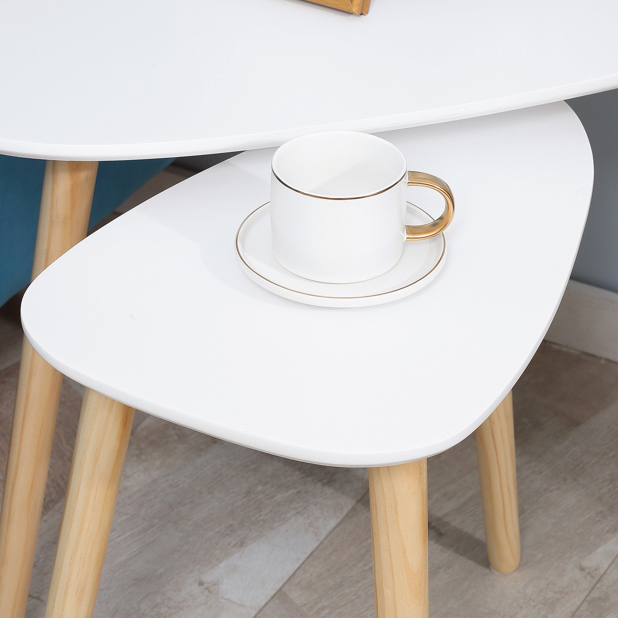 HOMCOM Nesting Coffee Table, Set of 2 Side Tables, Stacking End Tables with Solid Wood Legs, for Living Room Bedroom, White - North Peak Garden Furniture