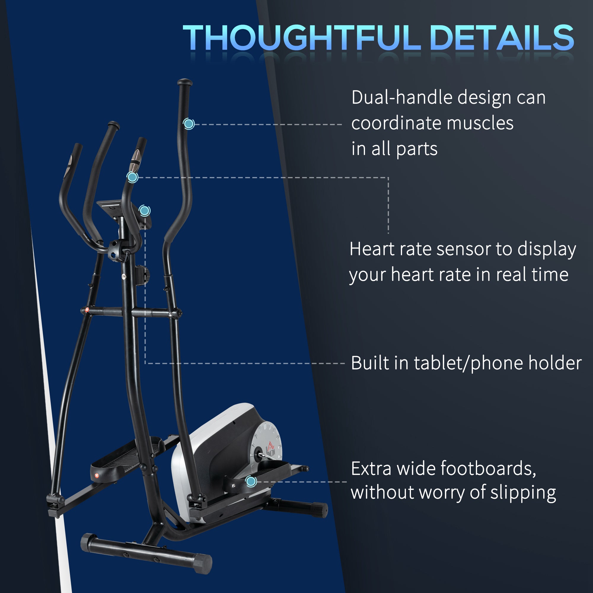 HOMCOM Elliptical Cross Trainer, Home Cardio Workout Machine with Eight Level Magnetic Resistance, LCD Monitor, Heart Rate Sensor, Two Wheels - North Peak Garden Furniture