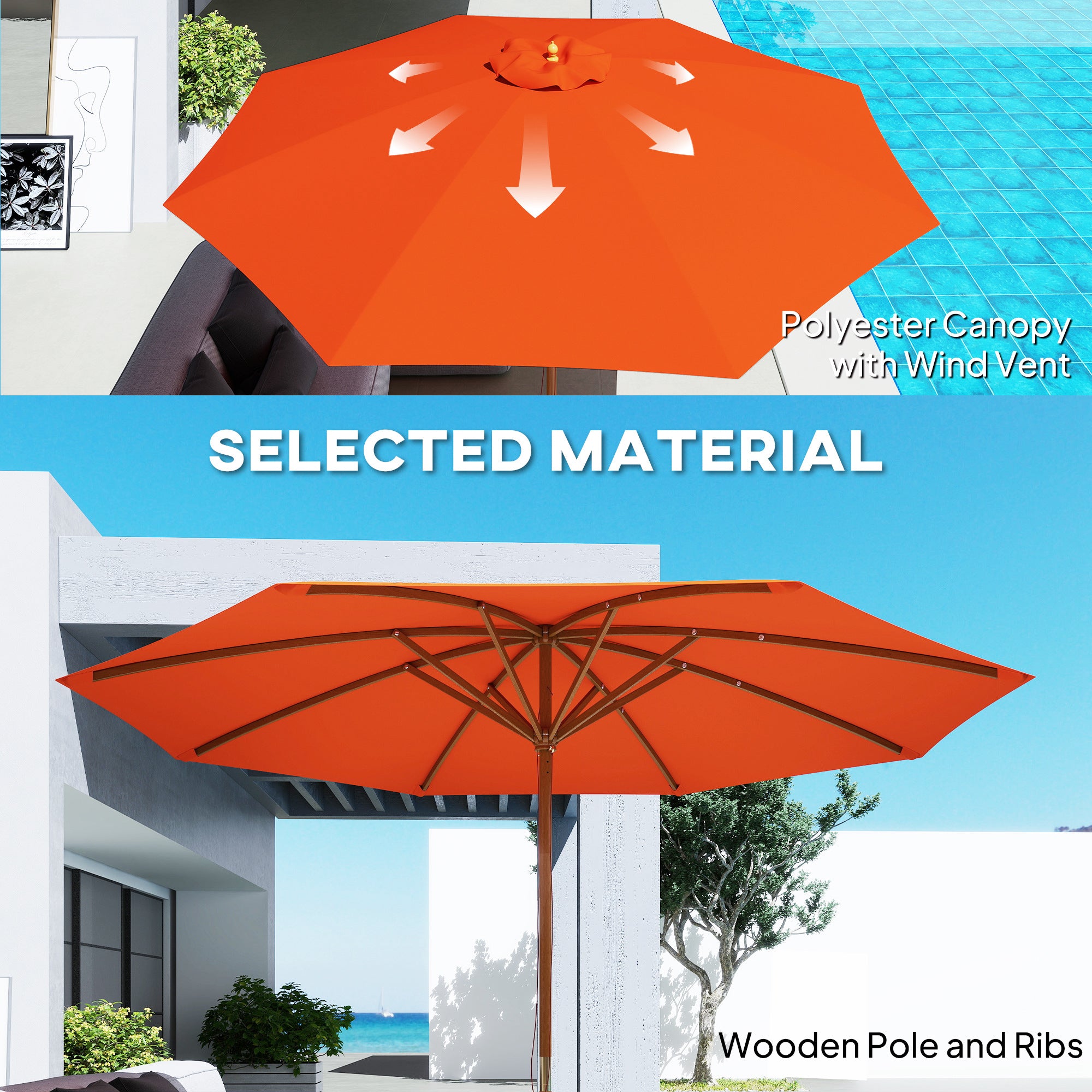 Outsunny 3m Wood Pole Parasol Umbrella - Orange - North Peak Garden Furniture