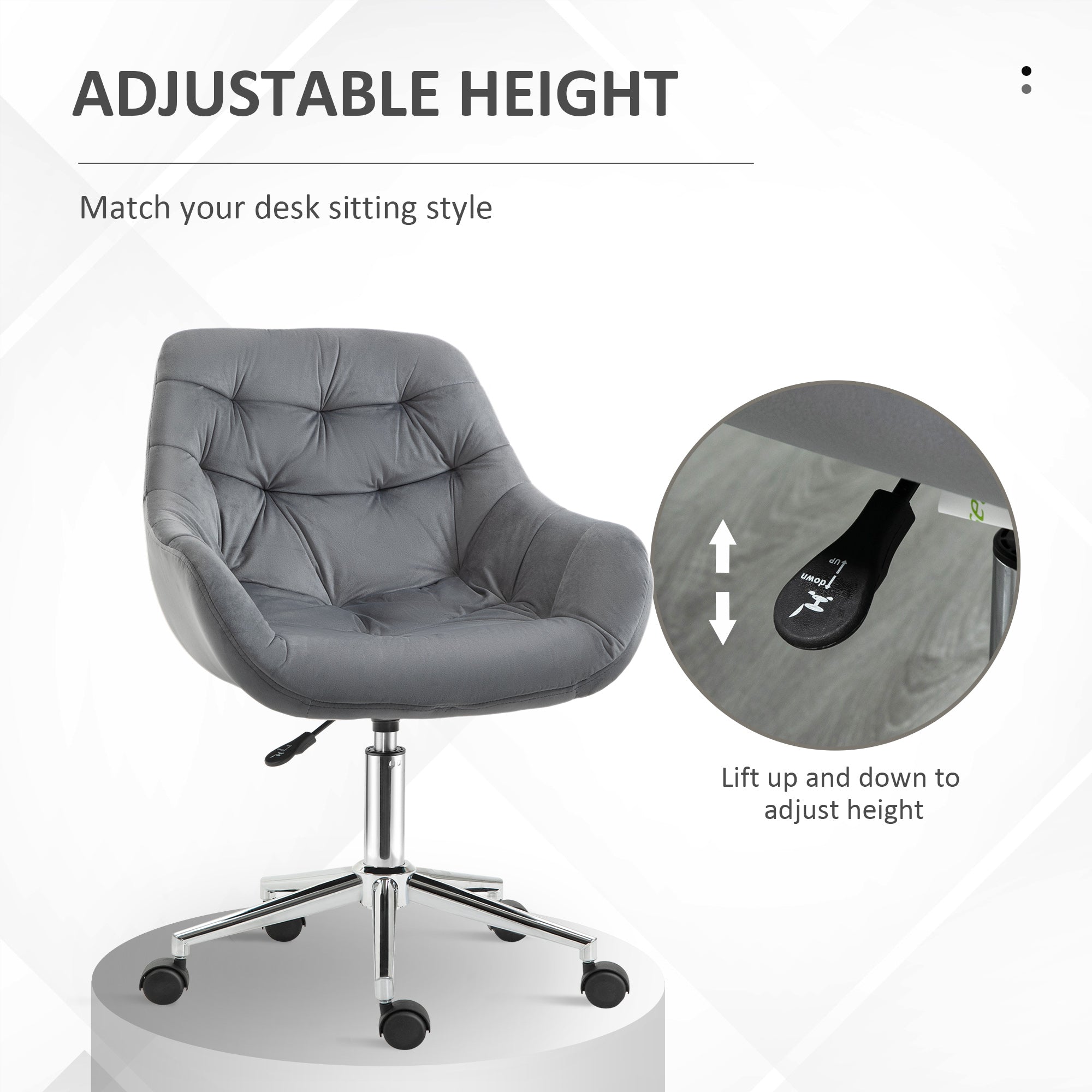 Vinsetto Home Office Chair Velvet Ergonomic Computer Chair Comfy Desk Chair with Adjustable Height, Arm and Back Support, Dark Grey - North Peak Garden Furniture
