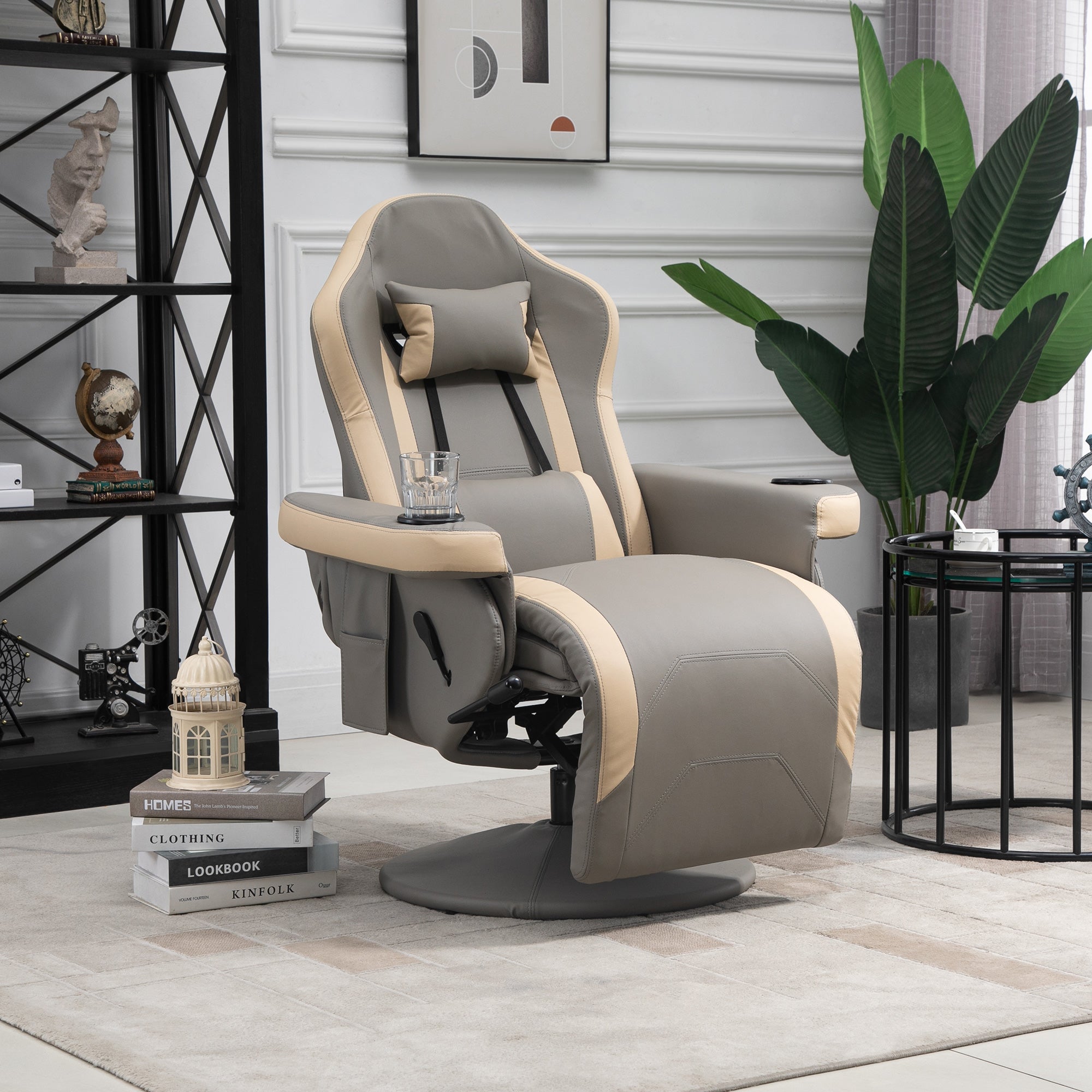 HOMCOM Manual Recliner Armchair PU Leather Lounge Chair w/ Adjustable Leg Rest, 135° Reclining Function, 360° Swivel, Grey - North Peak Garden Furniture
