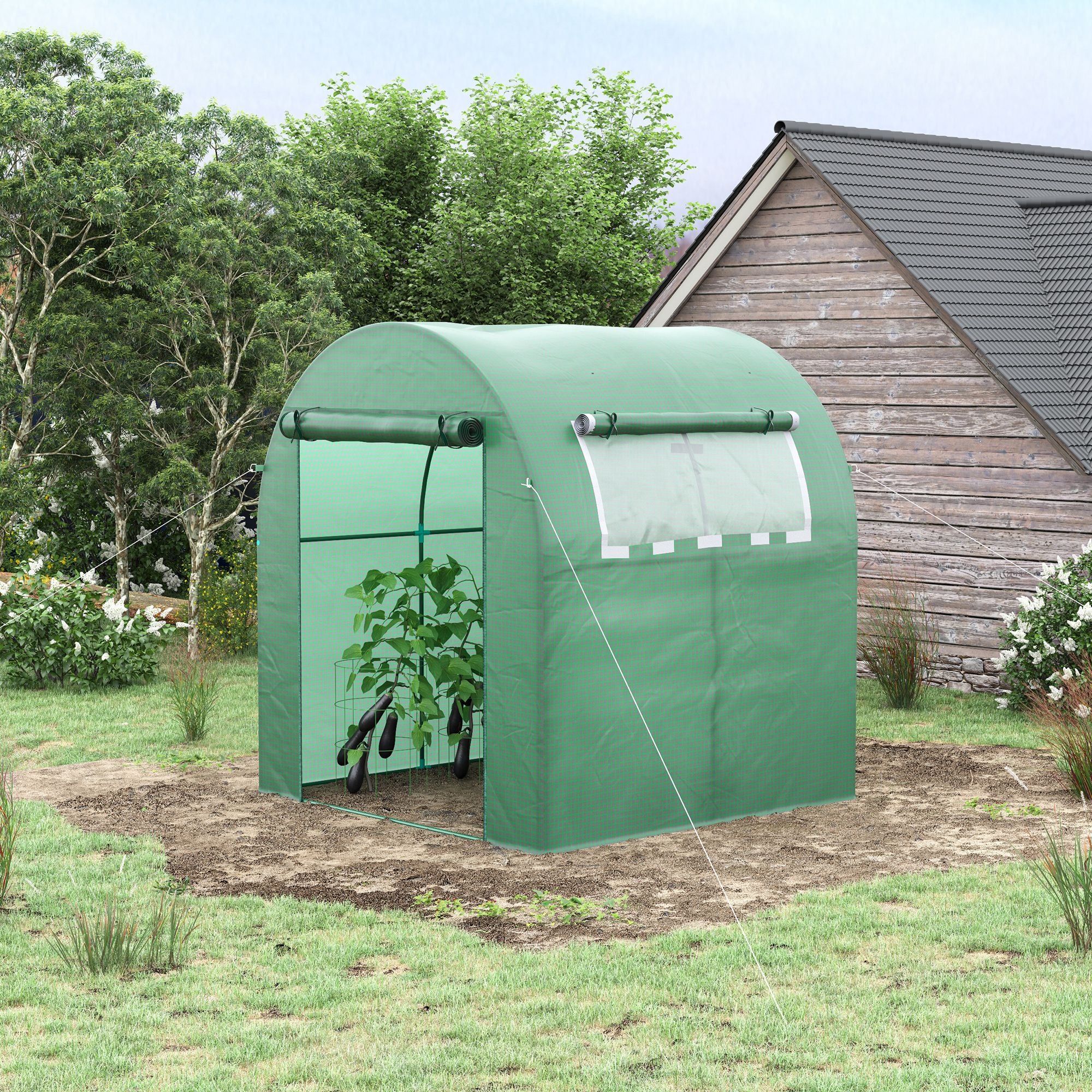 Outsunny Walk in Polytunnel Greenhouse, Green House for Garden with Roll-up Window and Door, 1.8 x 1.8 x 2 m, Green - North Peak Garden Furniture