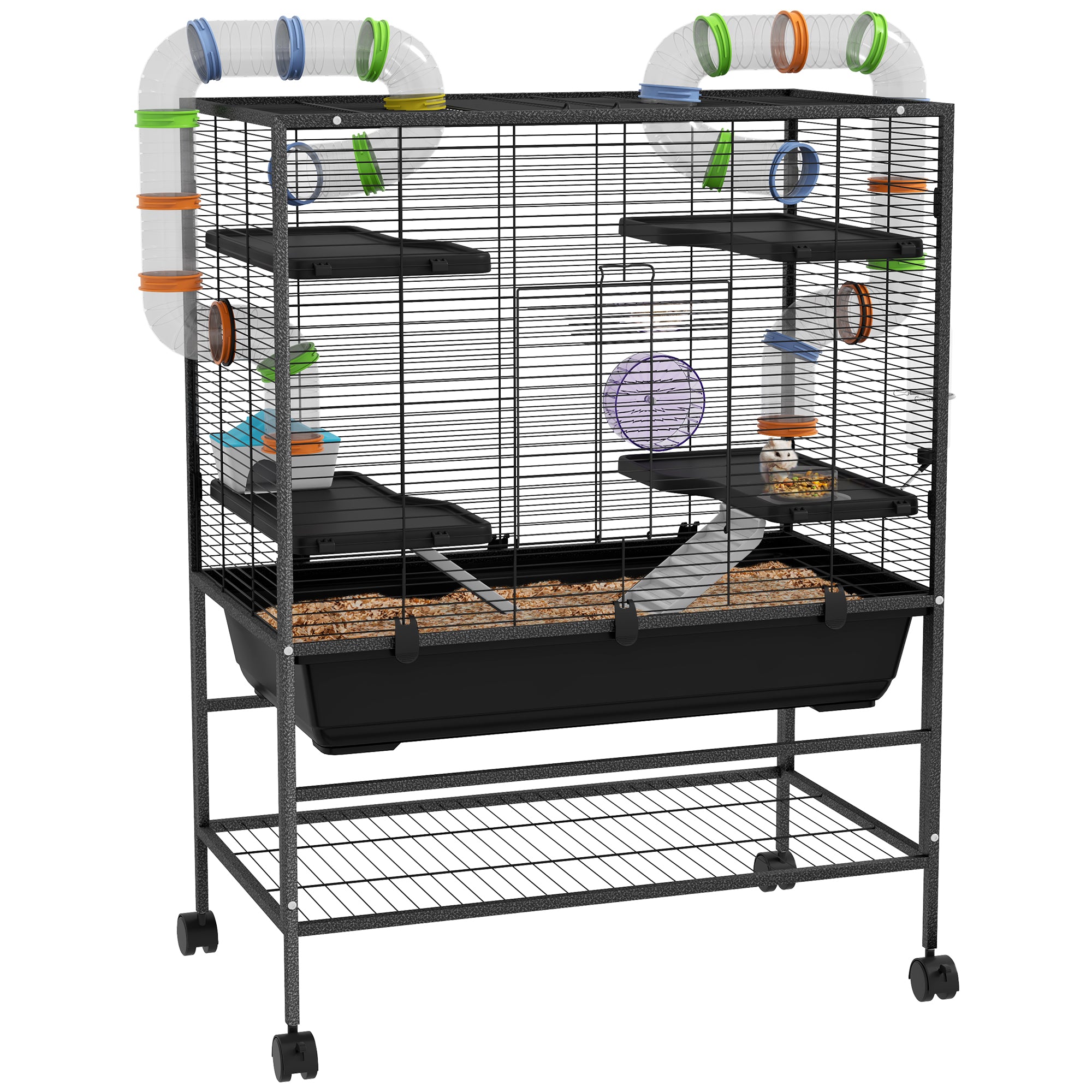 PawHut Large Hamster Cage, Gerbil Cage with Tubes, Storage Shelf, Ramps, Platforms, Running Wheel - Black