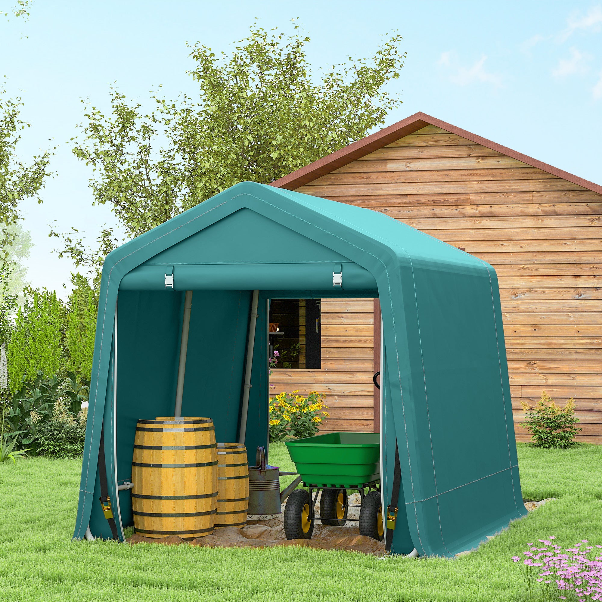 Outsunny 8 x 6.5 ft Outdoor Garden Storage Shed, Waterproof Bike Tent with Double Roll-up Zipper Door for Garden Tools, Green