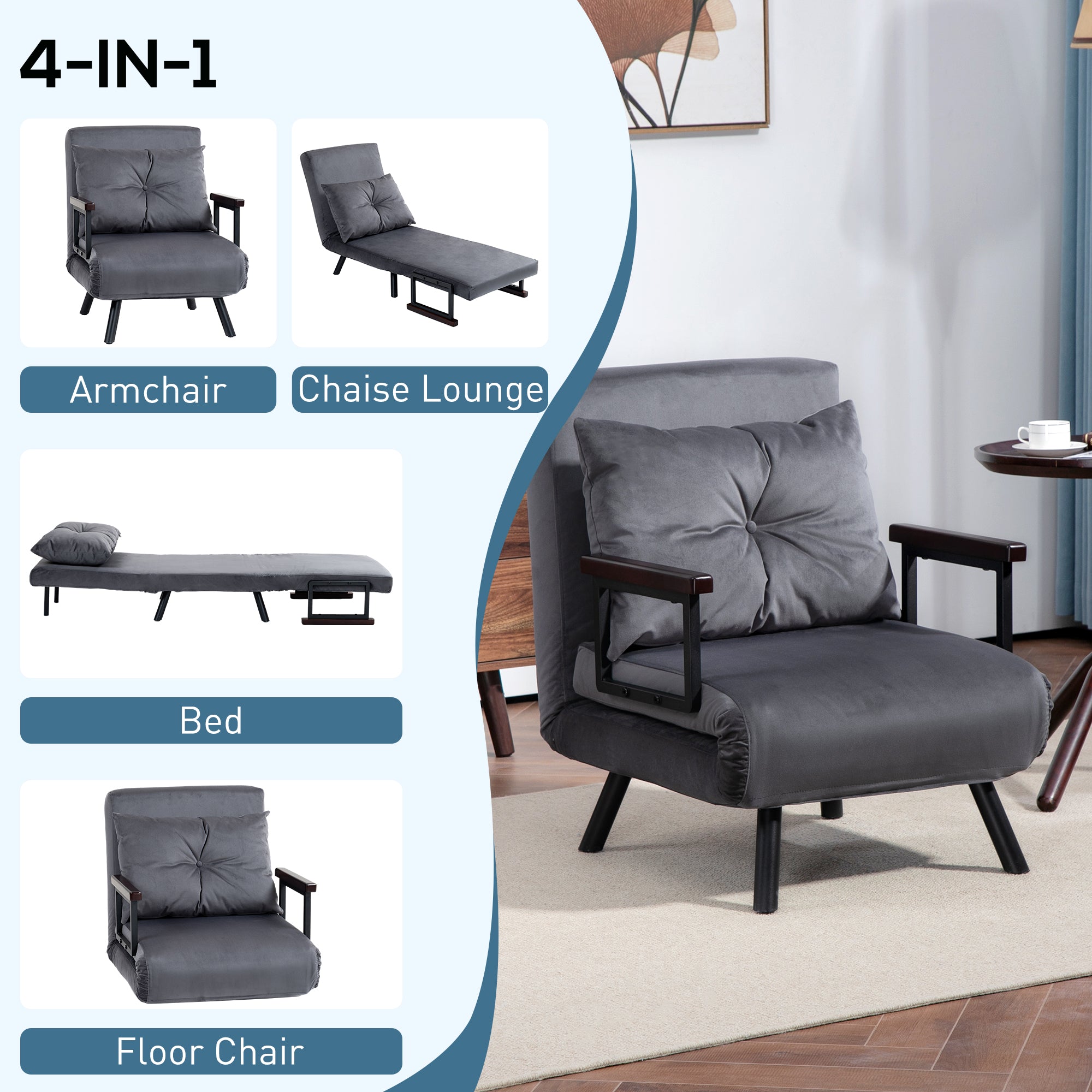 HOMCOM 4-in-1 Velvet-Feel Single Chair Bed, with Pillow - Charcoal Grey - North Peak Garden Furniture