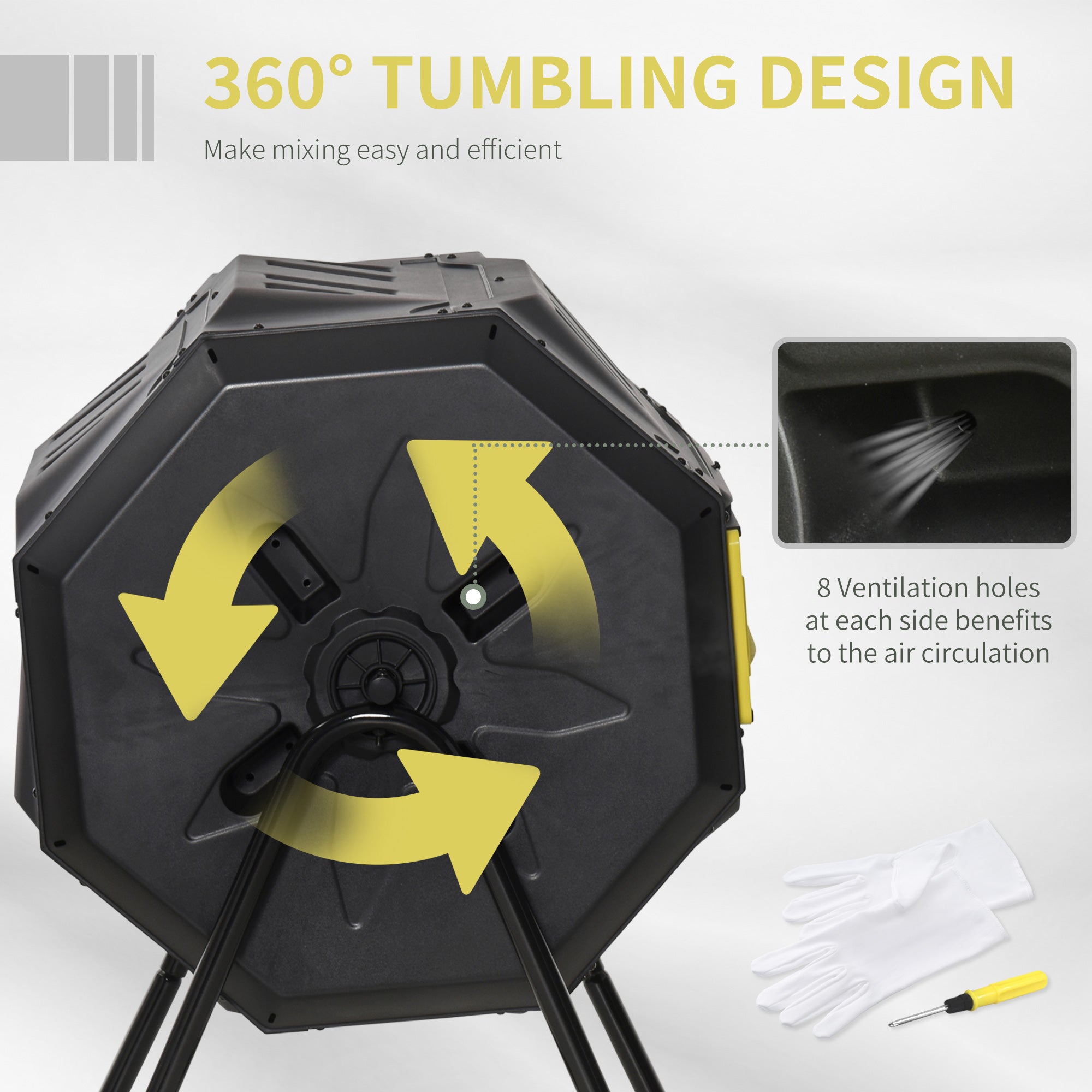 Outsunny 160L Tumbling Compost Bin Outdoor Dual Chamber 360° Rotating Composter, Garden Compost Bin w/ Sliding Doors & Solid Steel Frame, Yellow - North Peak Garden Furniture
