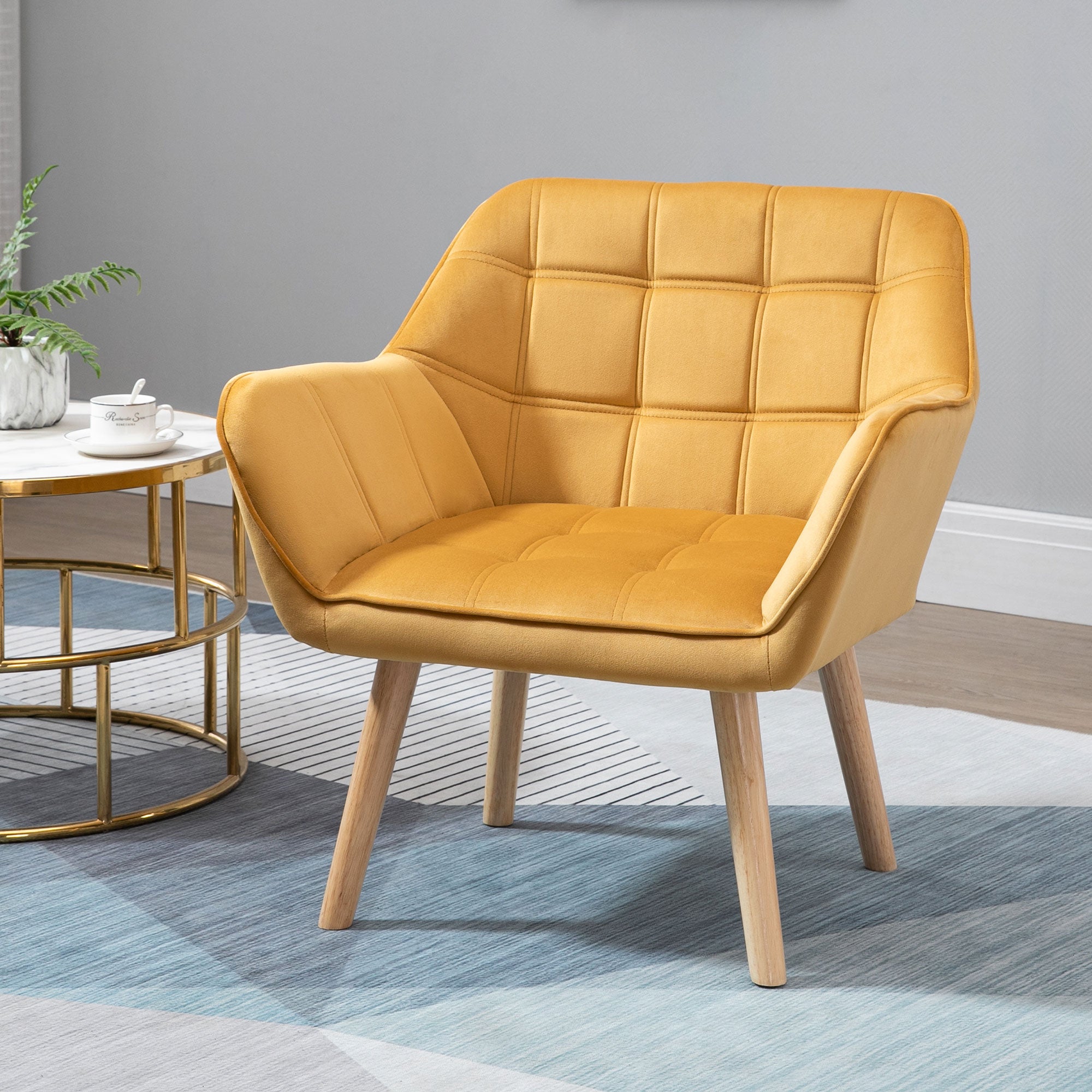 HOMCOM Armchair Accent Chair, Vanity Chair with Wide Arms, Slanted Back, Padding, Metal Frame, Wooden Legs, Home Bedroom Furniture Seating, Set of 2, Yellow - North Peak Garden Furniture
