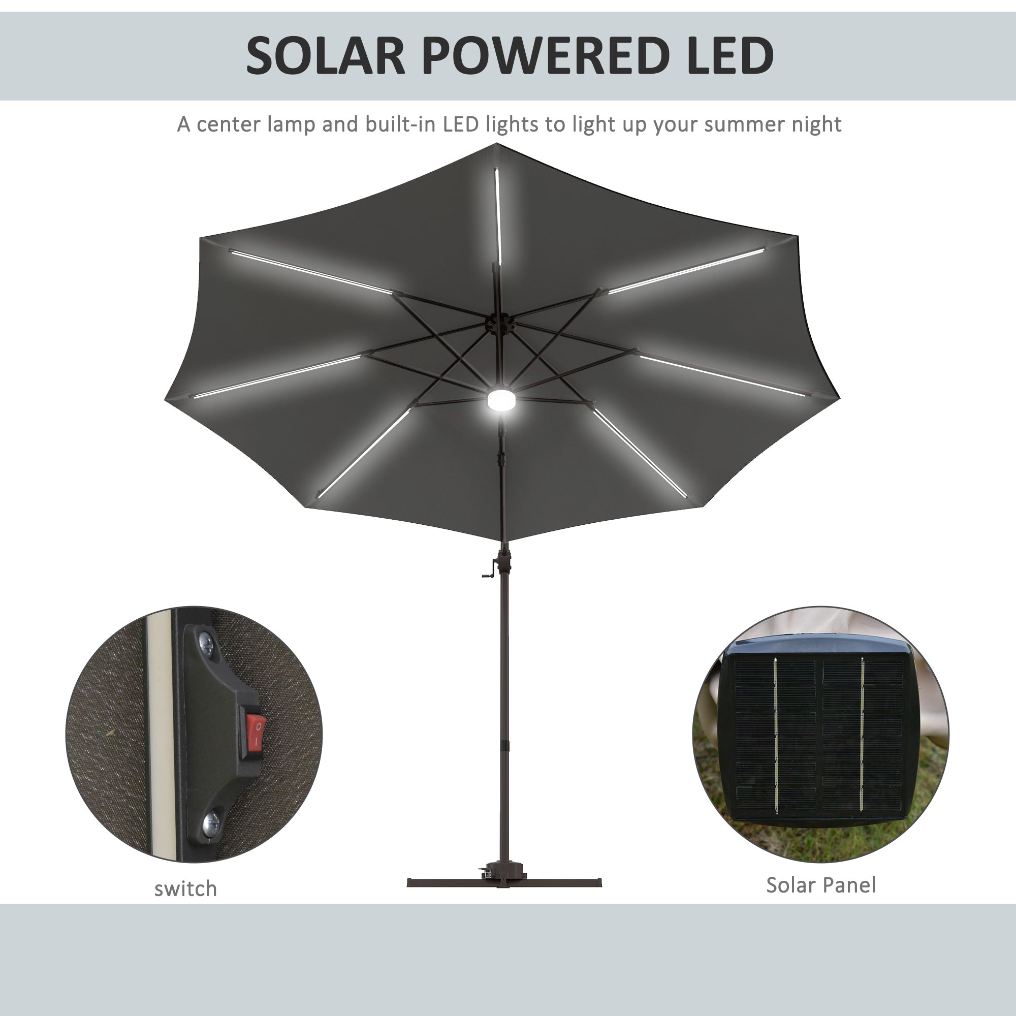 Outsunny Cantilever Parasol, with LED Lights and Cross Base - Dark Grey - North Peak Garden Furniture