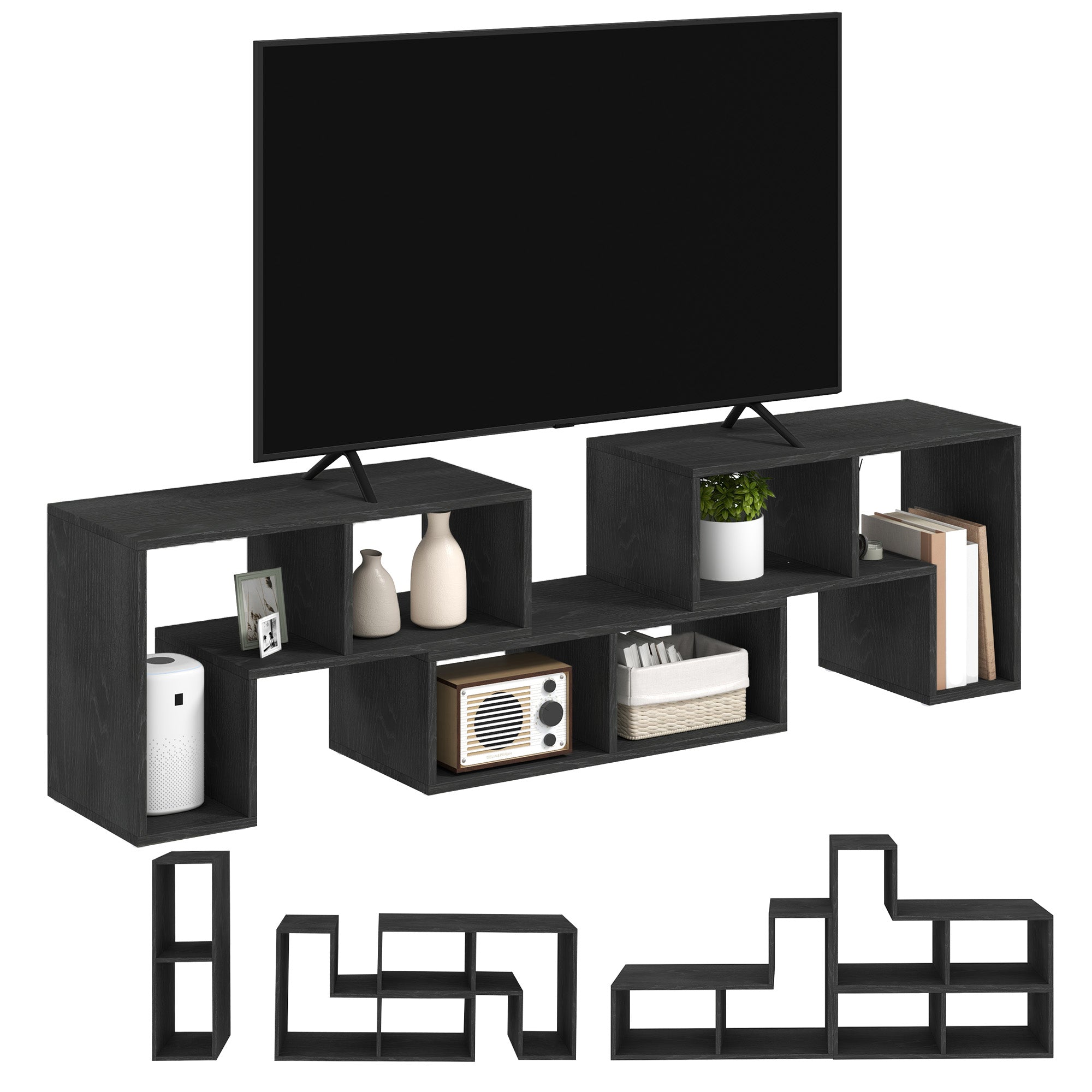 HOMCOM TV Stand for TVs up to 75 Inches, Free Combination TV Unit with Storage Shelves, Extendable Entertainment Centre for Living Room, Black Wood Grain