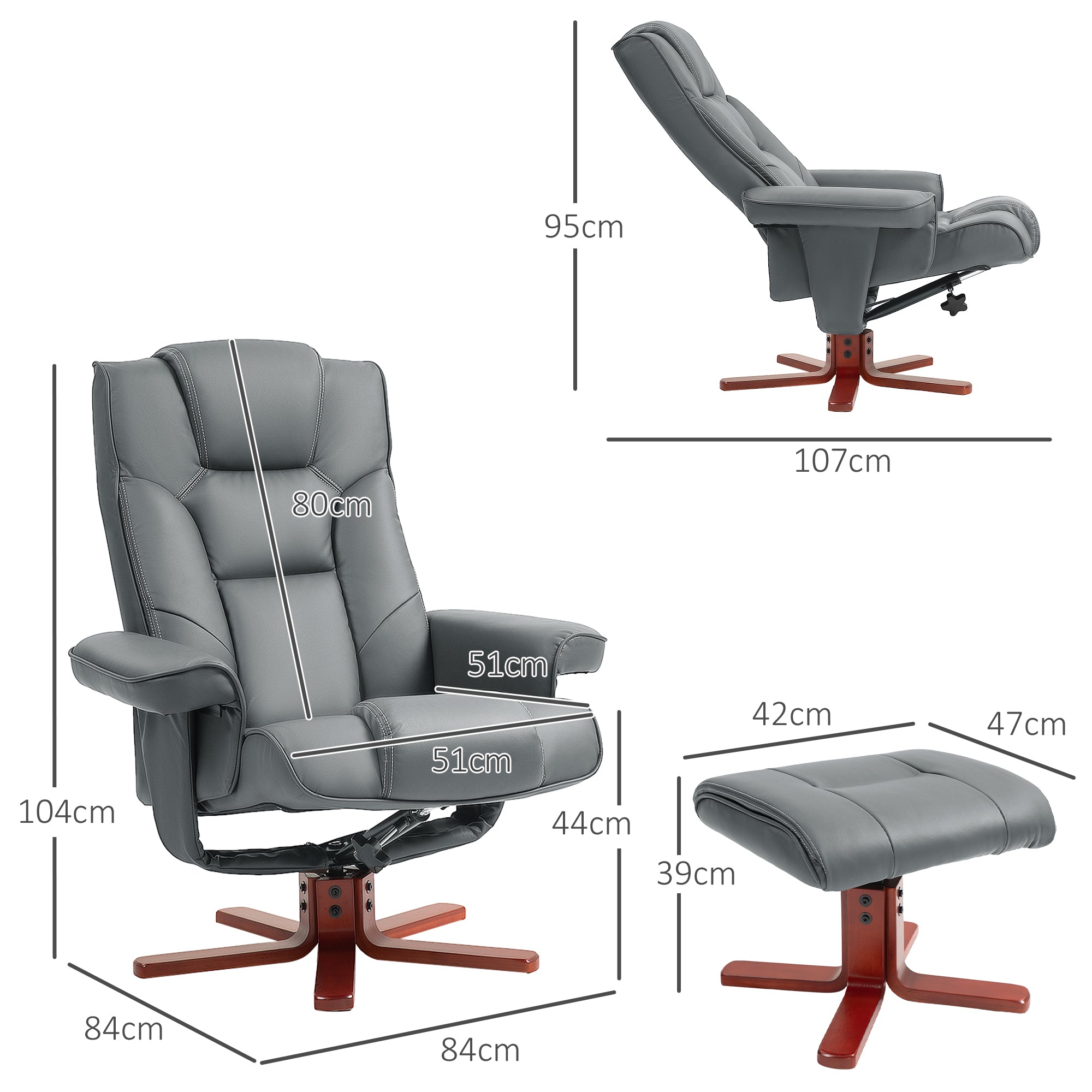 HOMCOM Faux Leather Manual Recliner and Footstool Set - Grey - North Peak Garden Furniture