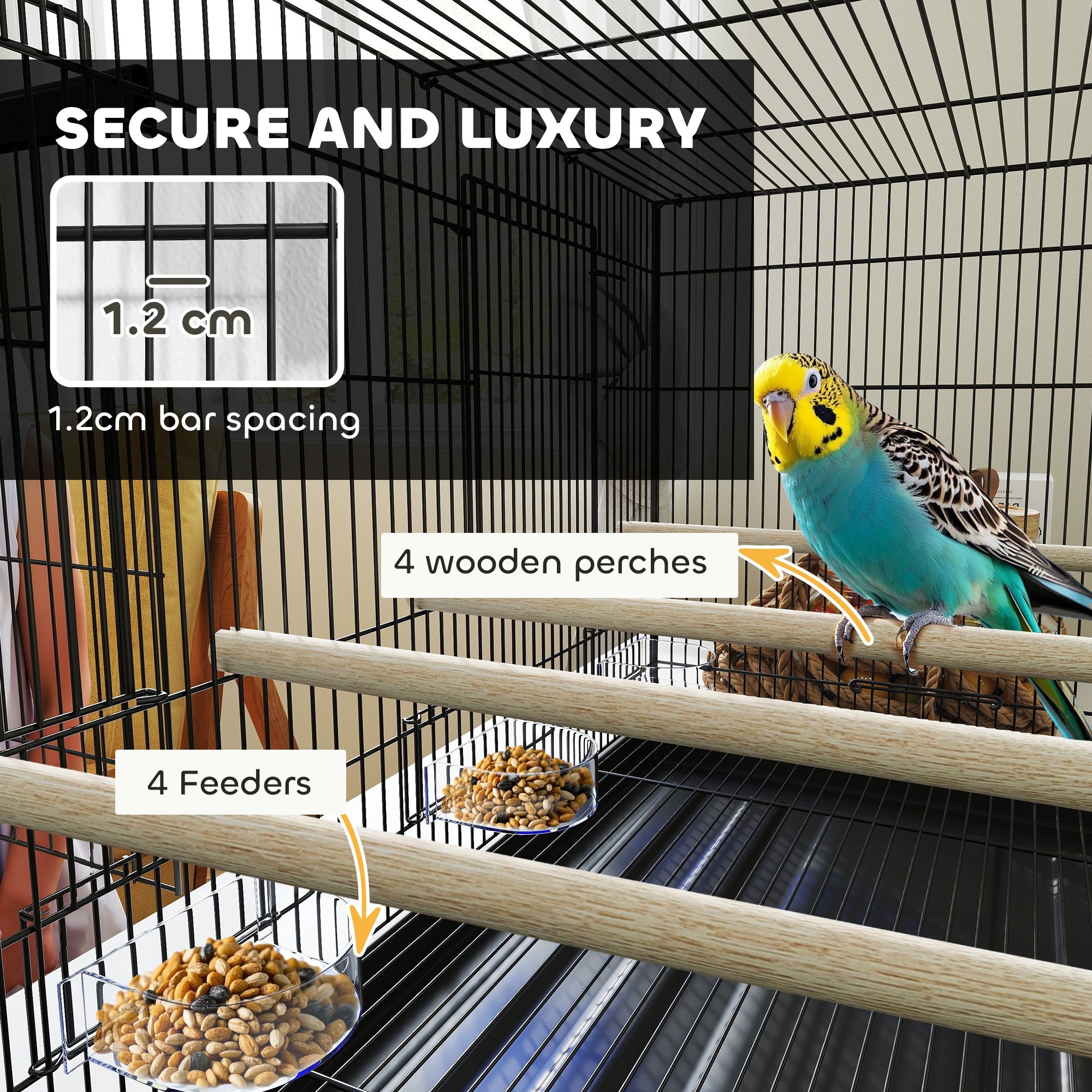 PawHut Bird Cage with Divider, 4 Wooden Perches, Slide Out Tray, 4 Feeders, for Budgie, Lovebird, Canary, 76 x 46 x 46cm, Black - North Peak Garden Furniture