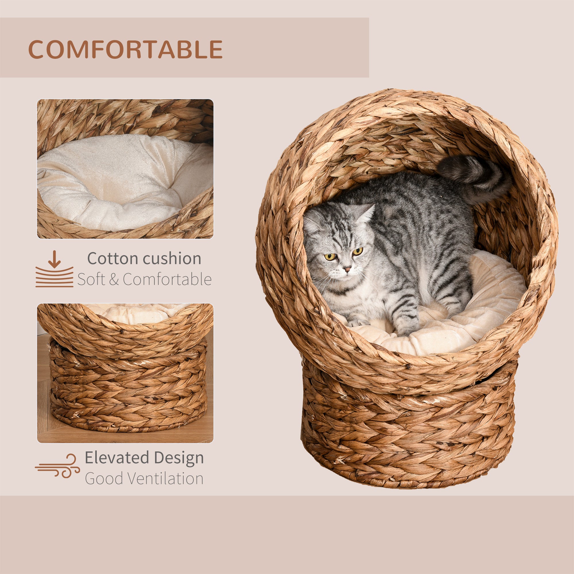 PawHut Wicker Cat Bed, Raised Rattan Cat Basket with Cylindrical Base, Soft Washable Cushion, 42 x 33 x 52cm - Brown