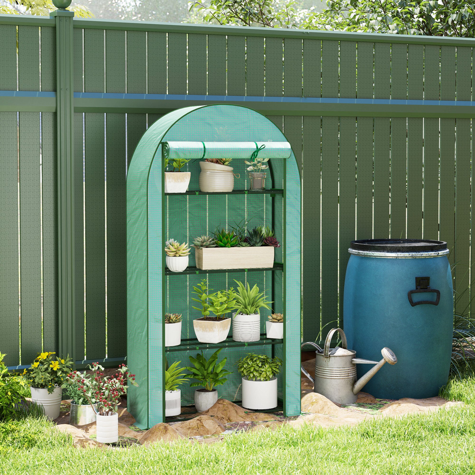 Outsunny 4 Tier Mini Greenhouse with Reinforced PE Cover, Portable Small Greenhouse with Roll-Up Door, 105 x 45 x 160cm, Green - North Peak Garden Furniture